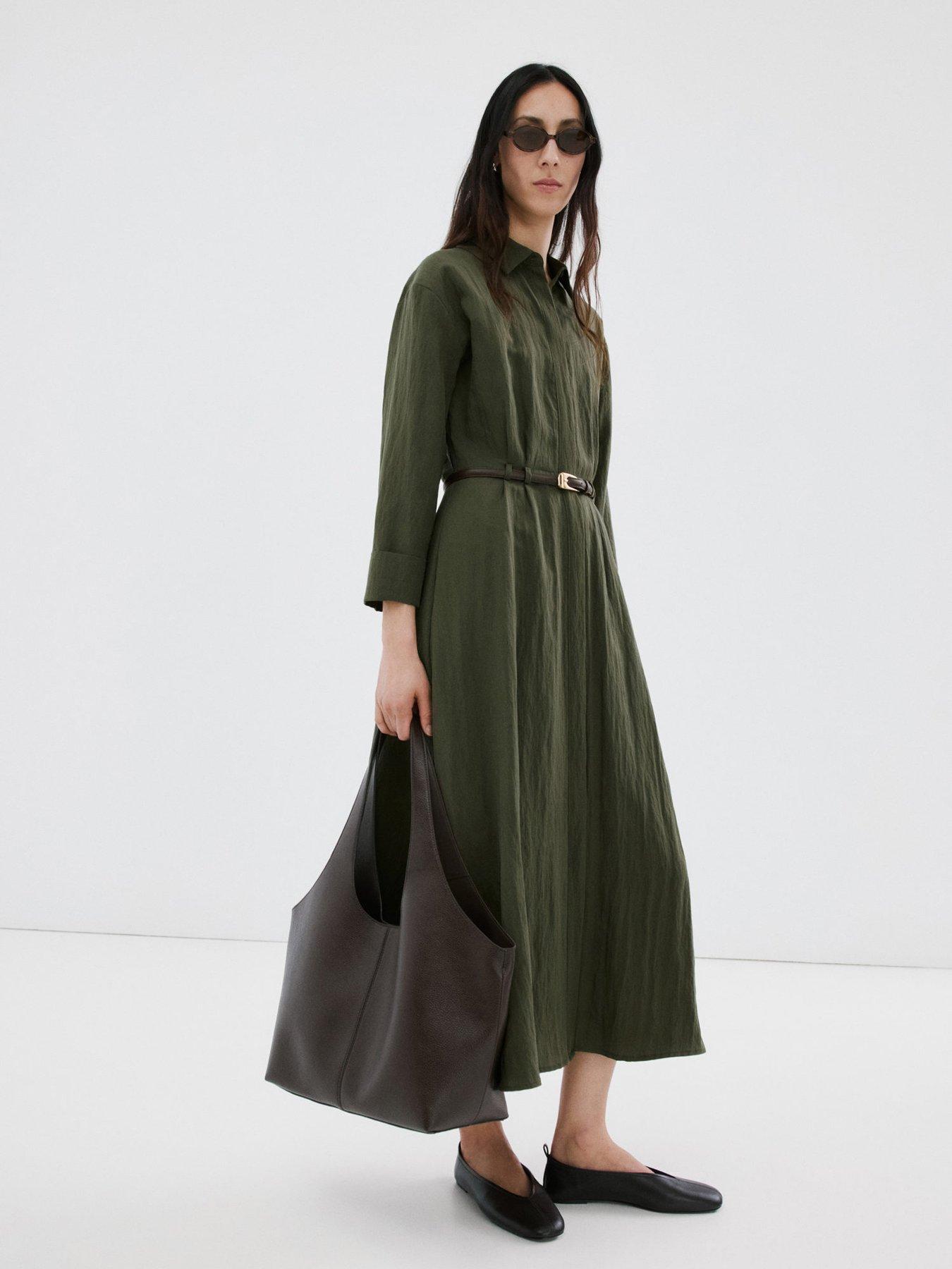 Image 1 of 7 of Mango Lyocell Shirt Dress - Khaki
