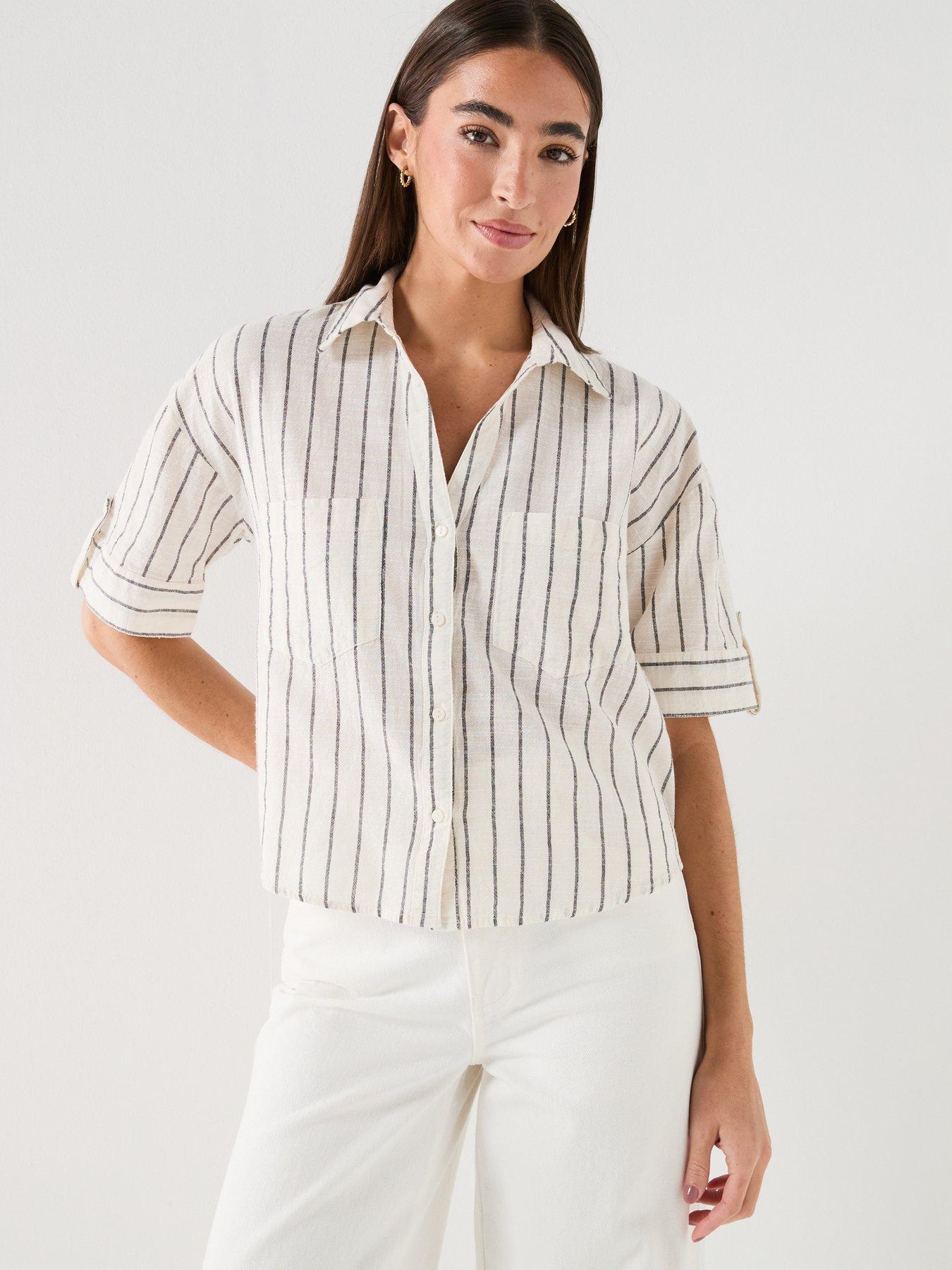 Image 1 of 6 of Only Onltizana Stripe Short Sleeve Shirt - Grey