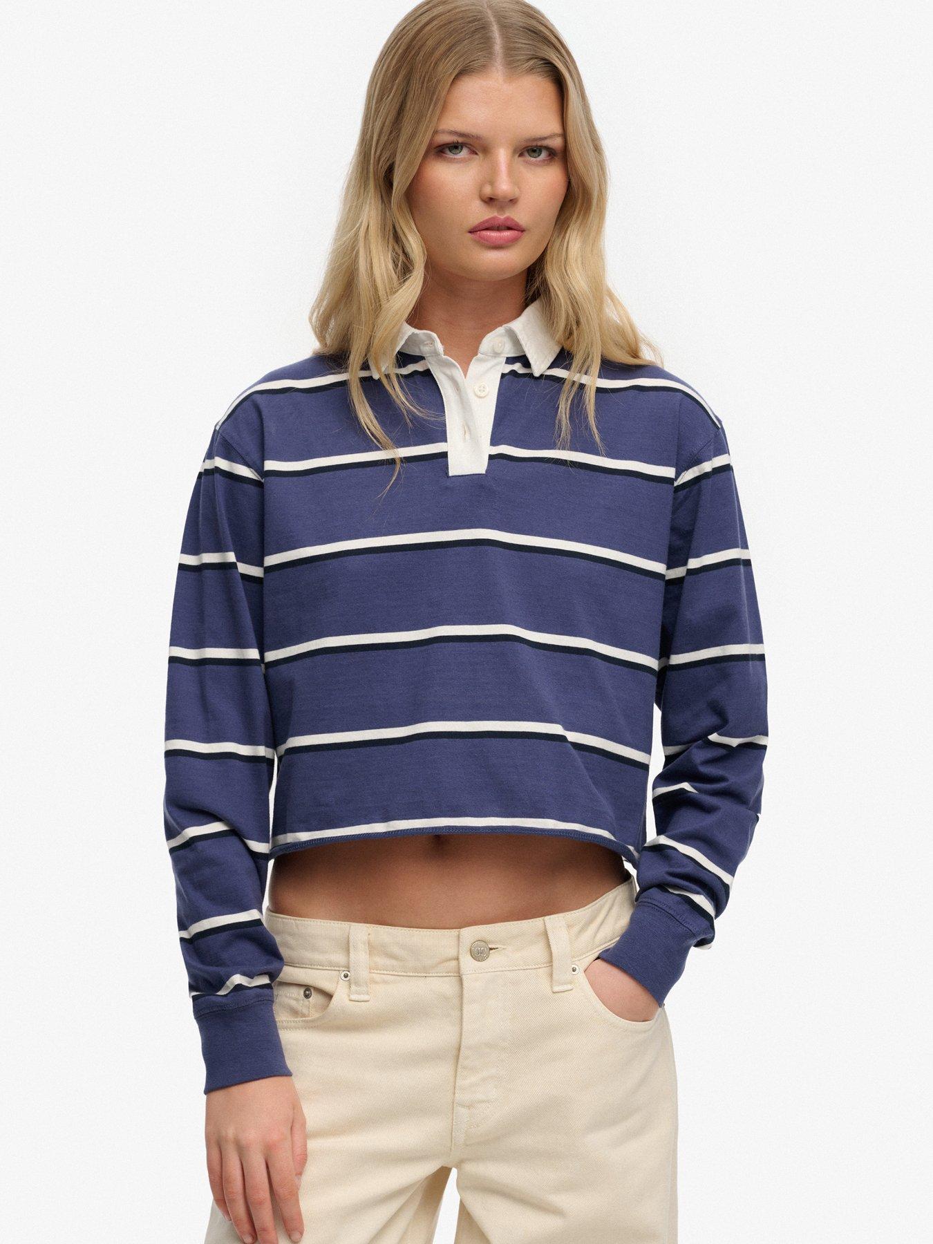 Image 1 of 5 of Superdry Athletic Essentials Cropped Stripe Rugby Shirt-blue