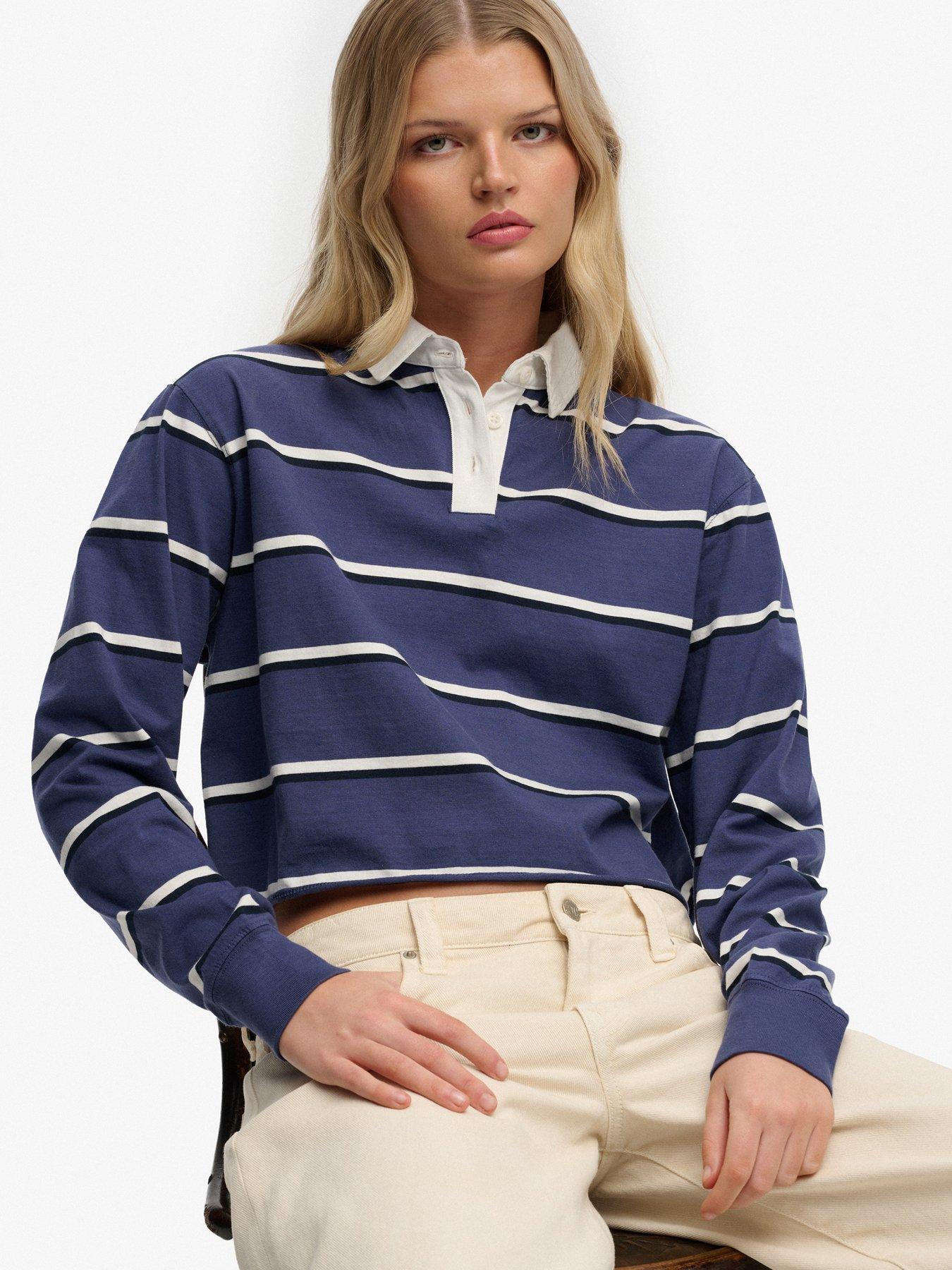 Image 5 of 5 of Superdry Athletic Essentials Cropped Stripe Rugby Shirt-blue
