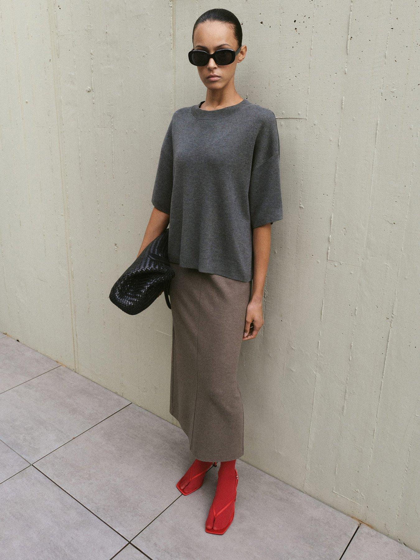 Image 1 of 6 of Mango Oversize Short Sleeve Sweater - Grey