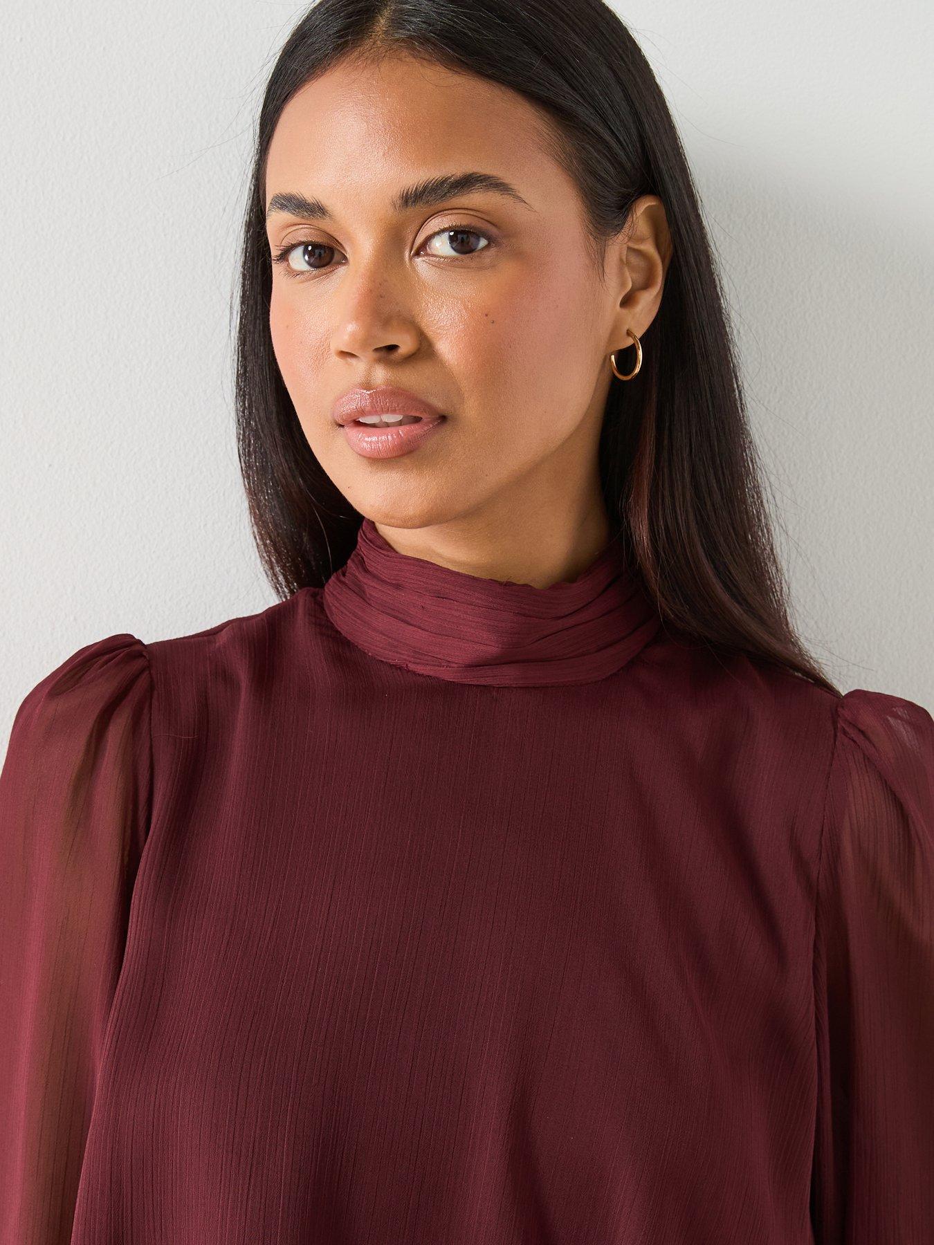 mango-ruffle-dress-with-draped-neckline-burgundyoutfit