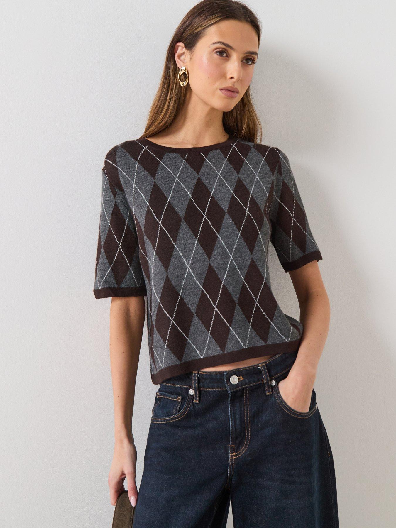 mango-short-sleeved-argyle-sweater-grey