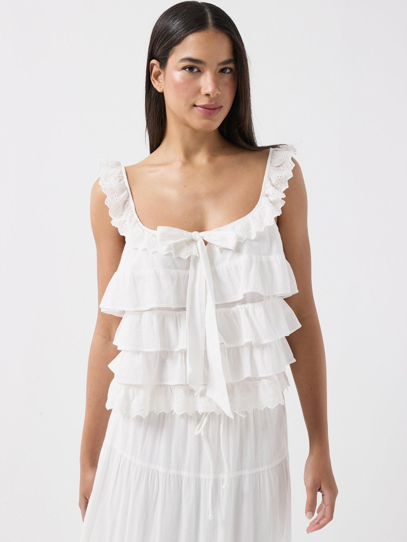 Image 1 of 6 of Vero Moda Frill Front Tie Top - White