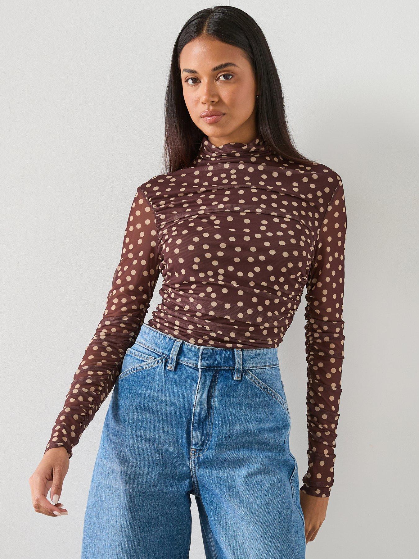 Image 1 of 6 of Mango Ruched Polka Dot T-Shirt - Brown