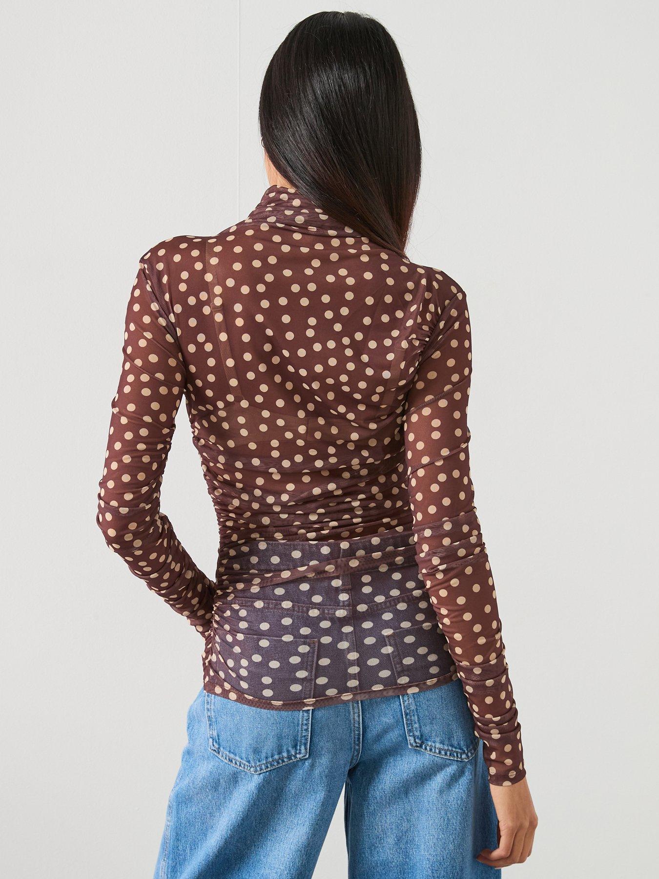 Image 2 of 6 of Mango Ruched Polka Dot T-Shirt - Brown