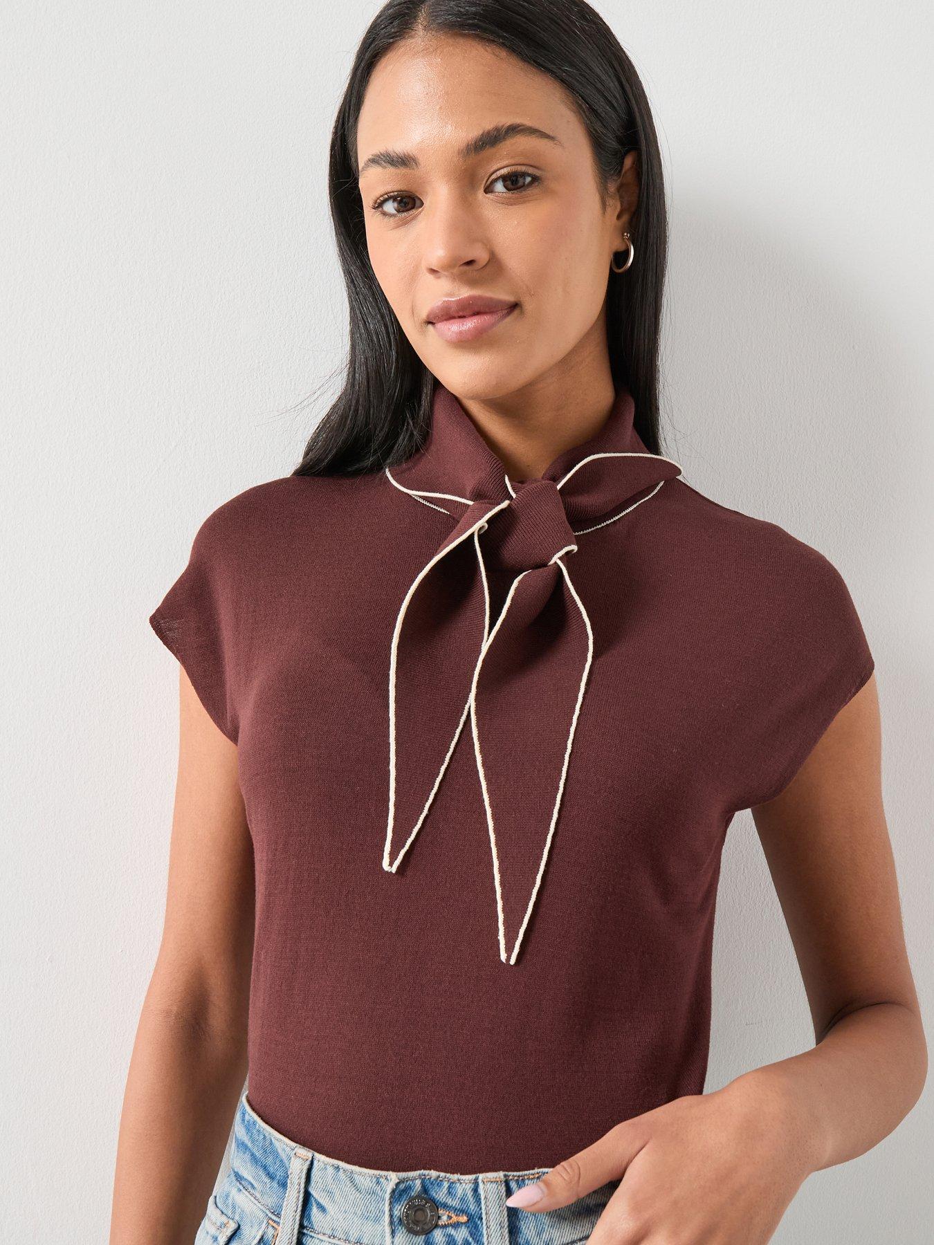 Mango Knitted Top With Scarf Detail - Brown