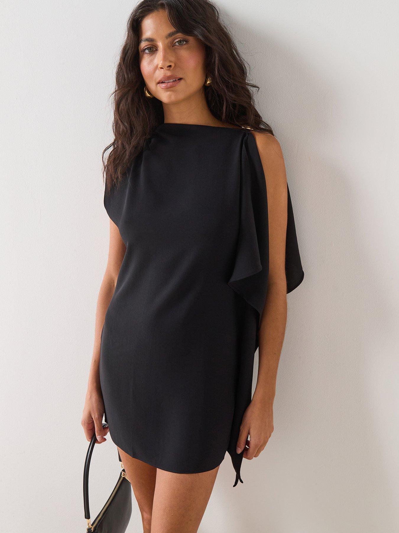 mango-short-asymmetrical-sleeve-dress-blackfront