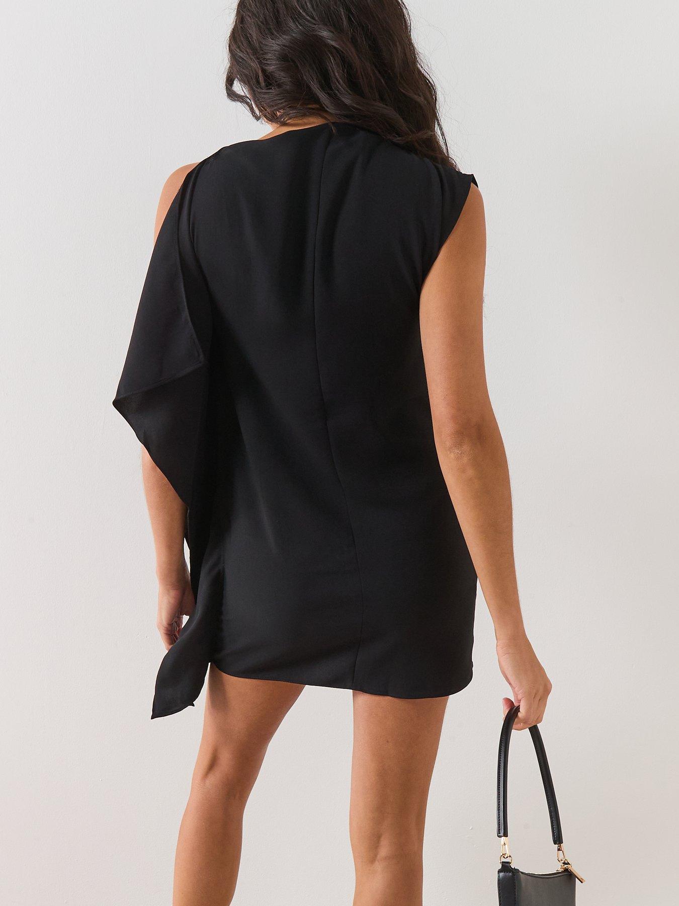 mango-short-asymmetrical-sleeve-dress-blackstillFront