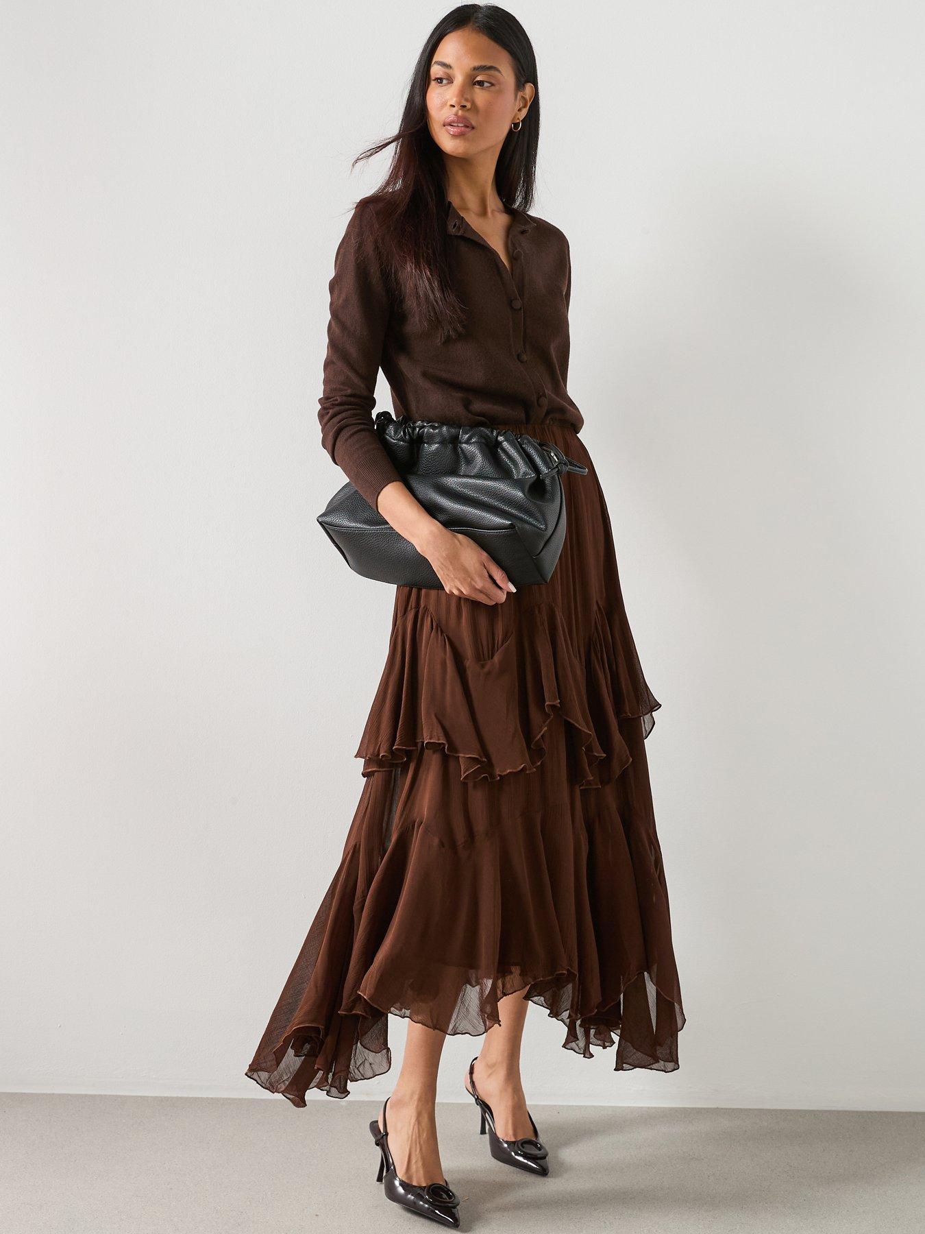 mango-ruffled-chiffon-skirt-brown