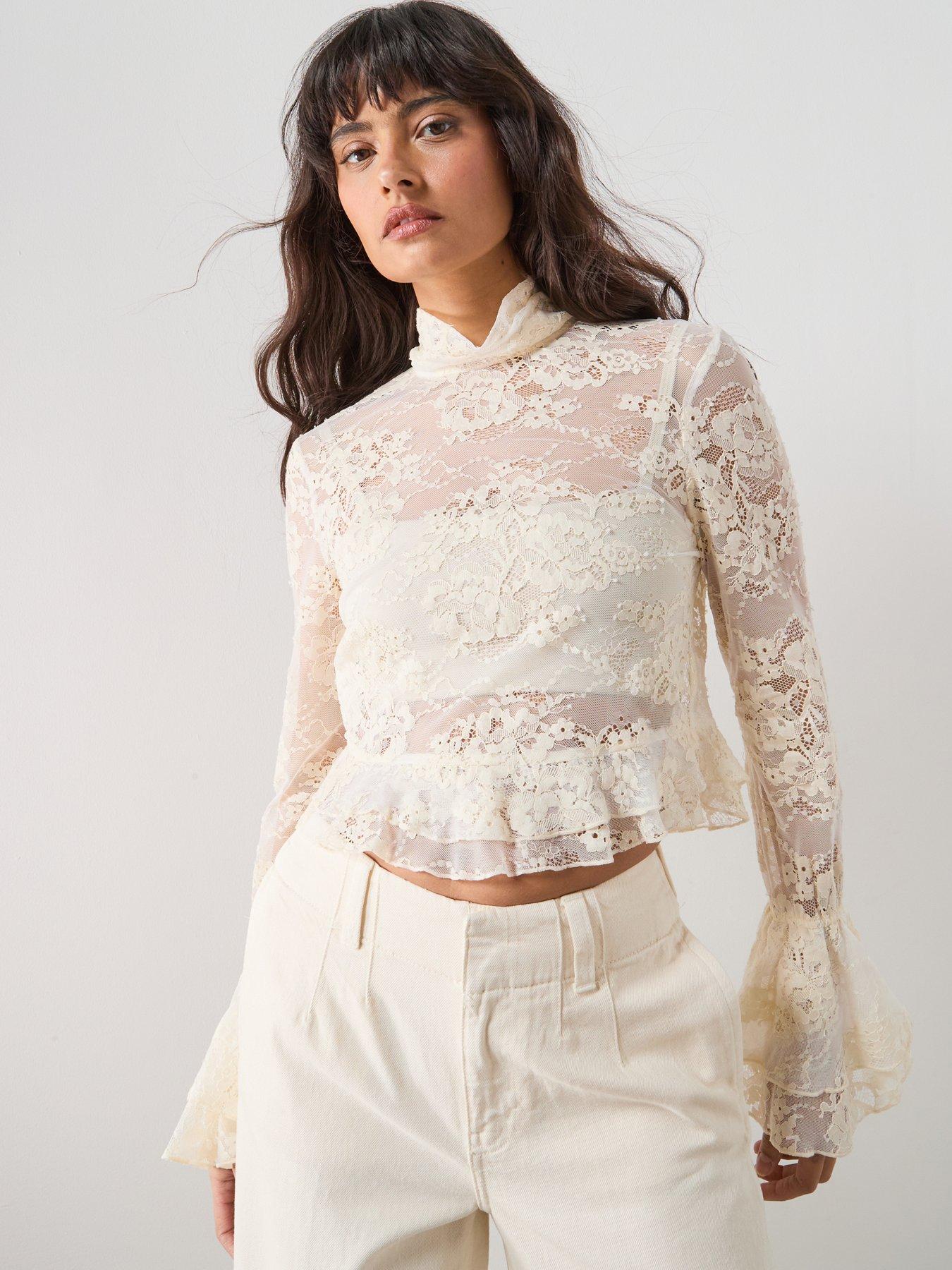 Mango Ruffled Embroidered Blouse - Beige