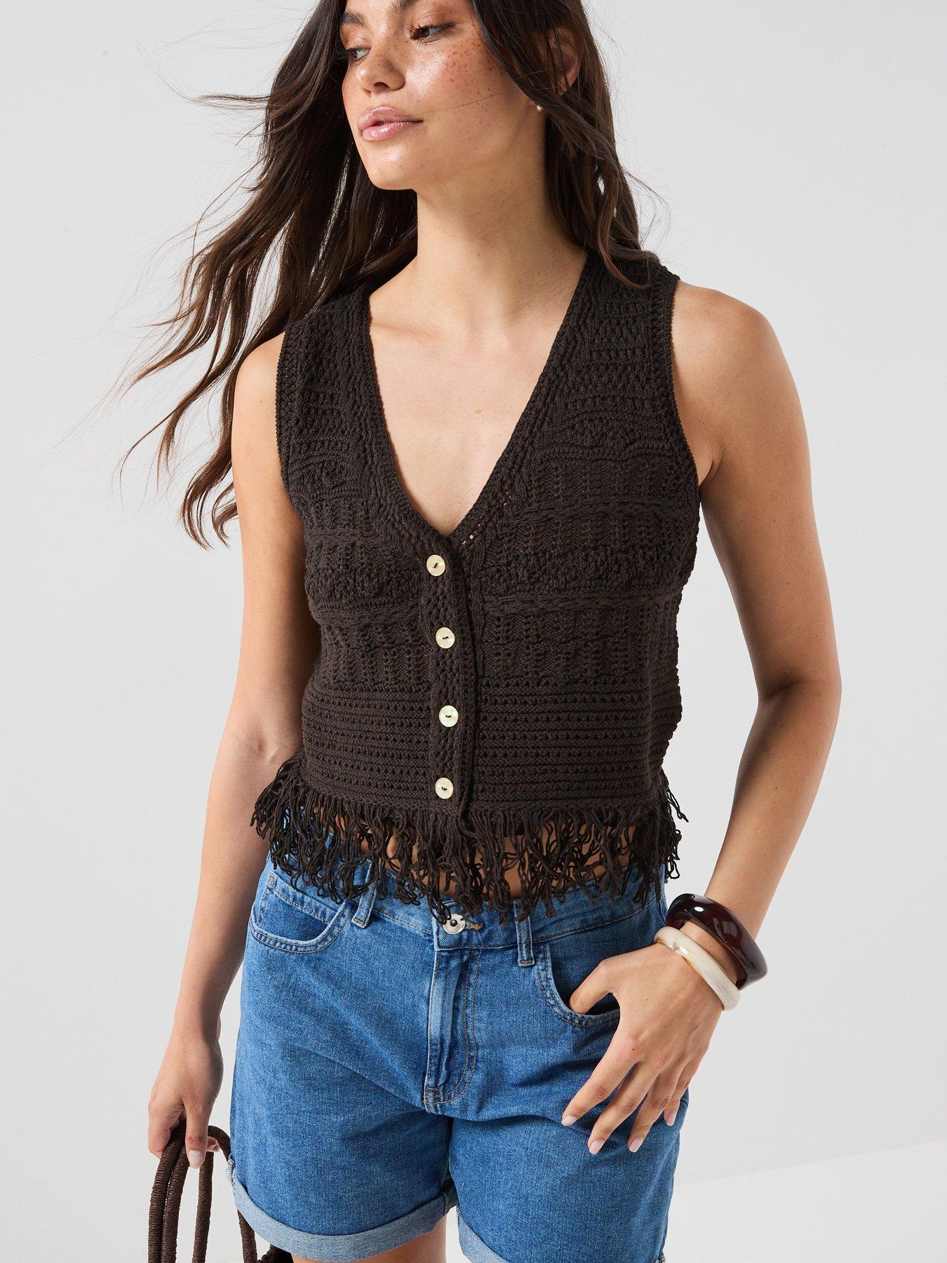 Only Alix Sleeveless Fringe Knit Waistcoat - Mole