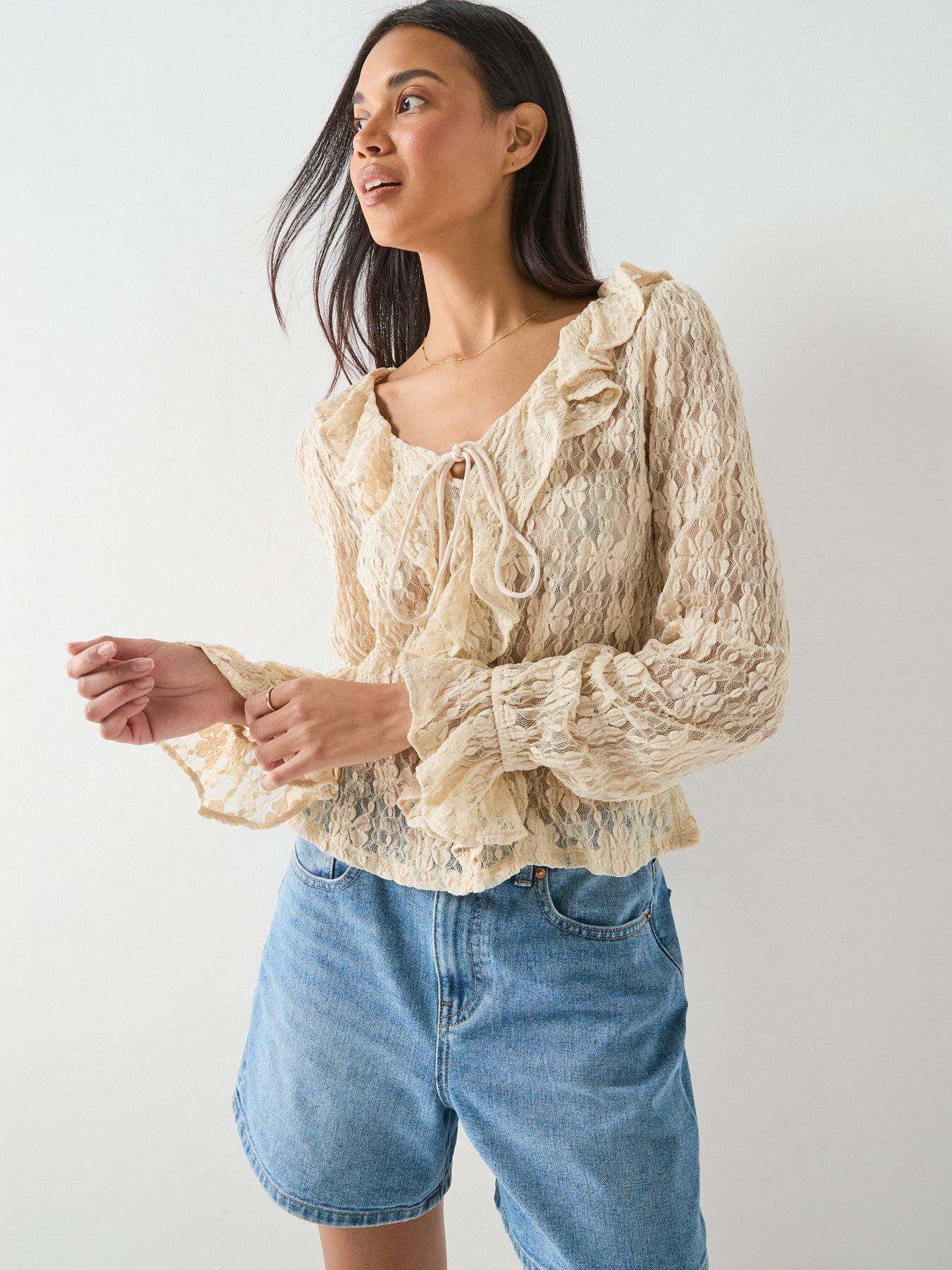 Only Onlpearlina Long Sleeve Ruffle Lace Top Wvn - Grey