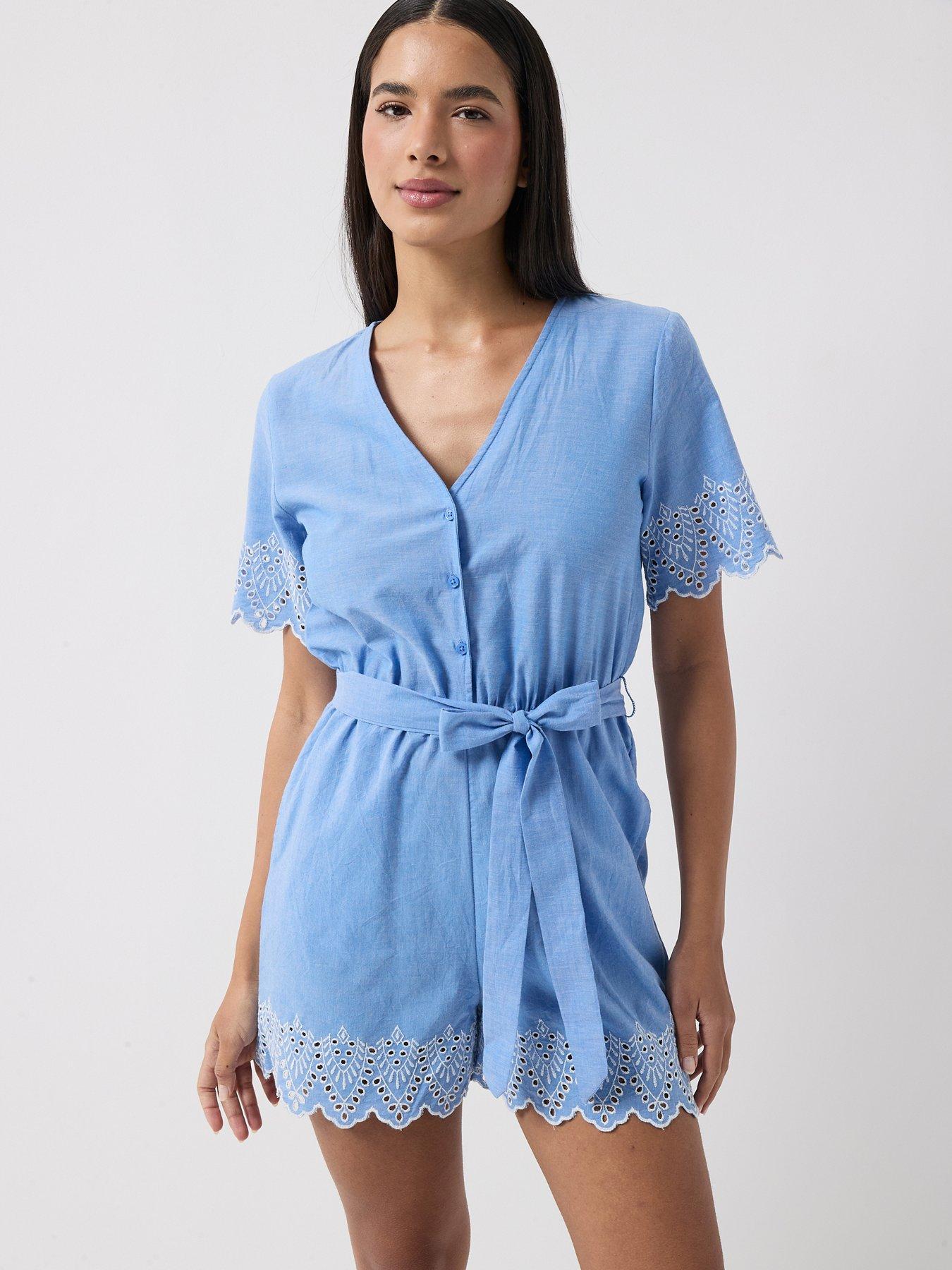 Only Onltulum Emb Short Sleeve Playsuit Wvn - Blue