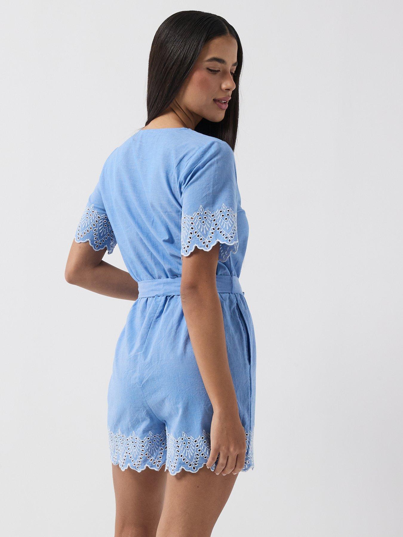 Image 2 of 5 of Only Onltulum Emb Short Sleeve Playsuit Wvn - Blue