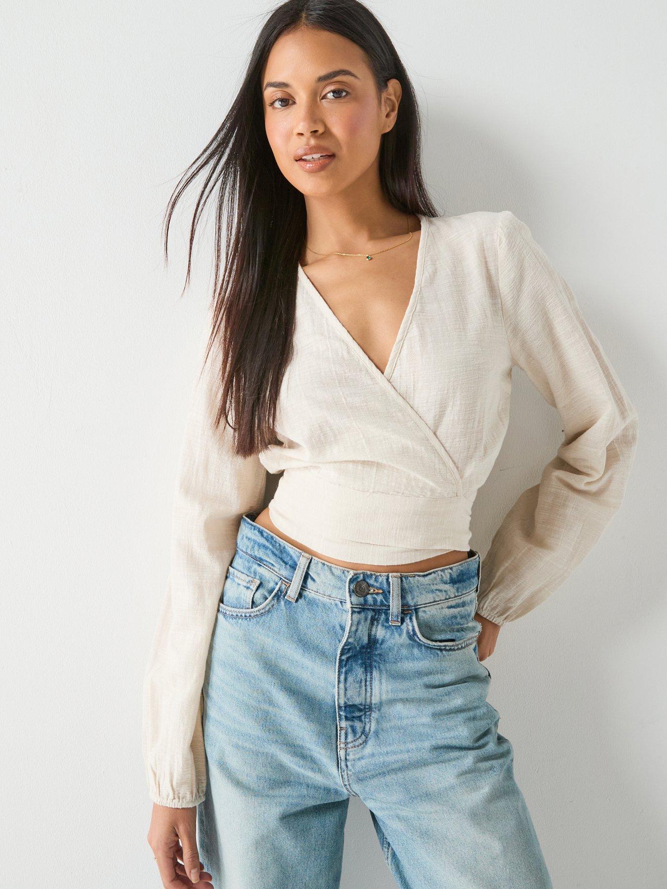 Image 1 of 5 of PIECES Pcagnes Long Sleeve Cropped Tie Top - Brown