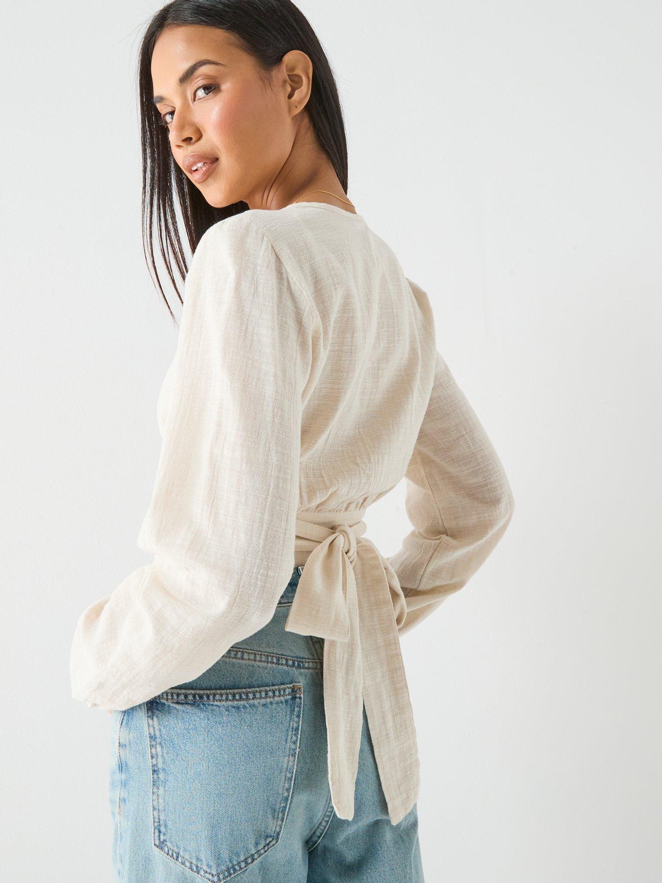 Image 2 of 5 of PIECES Pcagnes Long Sleeve Cropped Tie Top - Brown