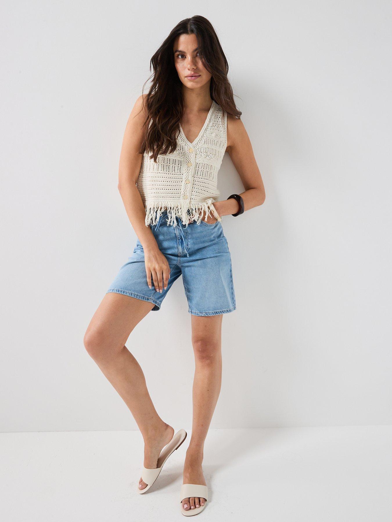 Image 3 of 6 of Only Alix Sleeveless Fringe Knit Waistcoat - Ecru/white
