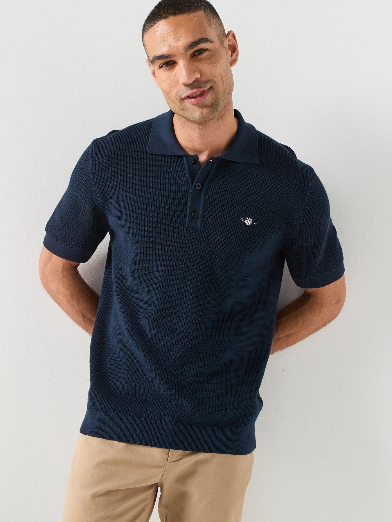 GANT Gant Micro Textured Cotton Knitted Short Sleeve Polo Shirt - Navy