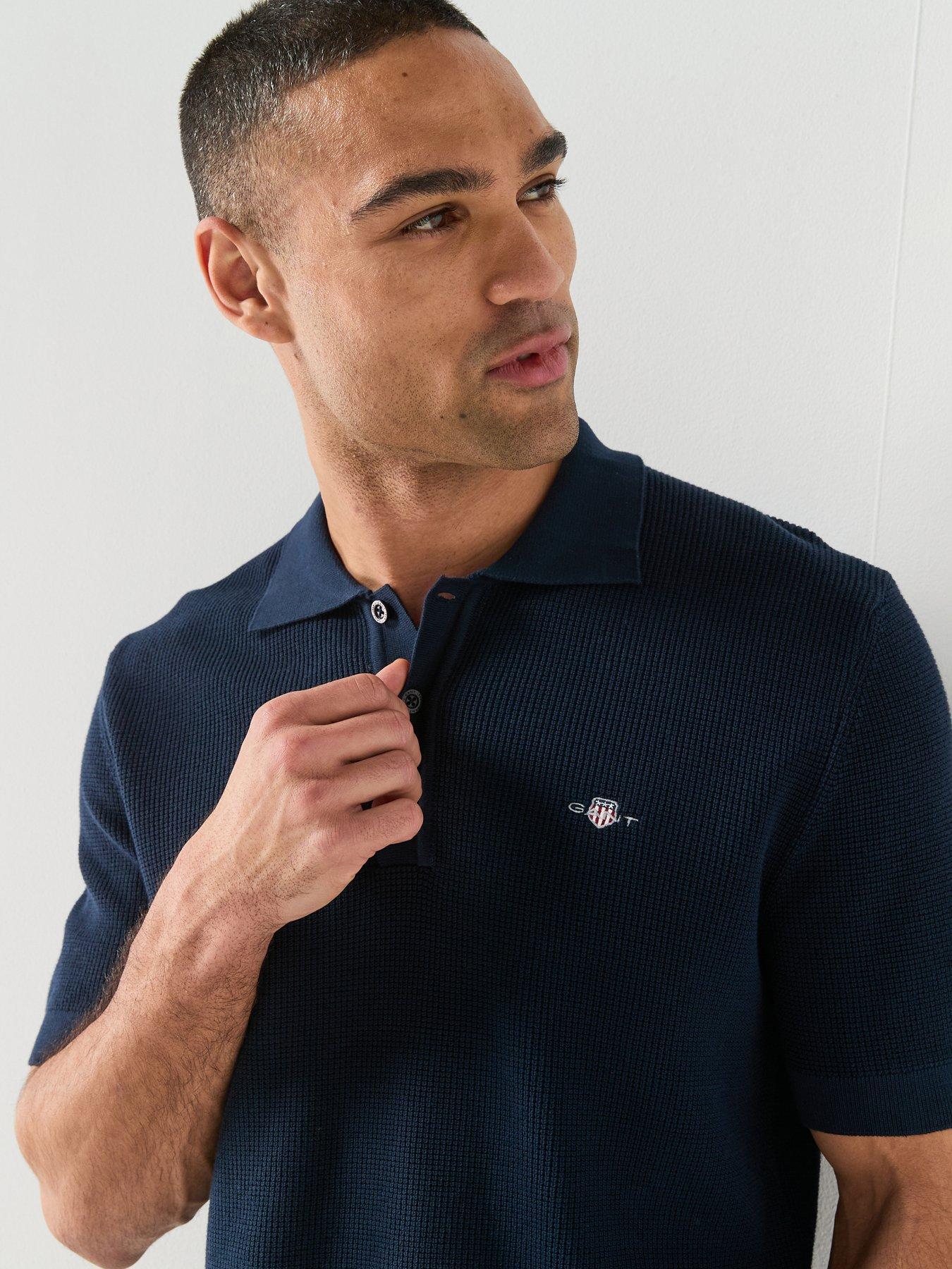 Image 4 of 5 of GANT Micro Textured Cotton Knitted Short Sleeve Polo Shirt - Navy