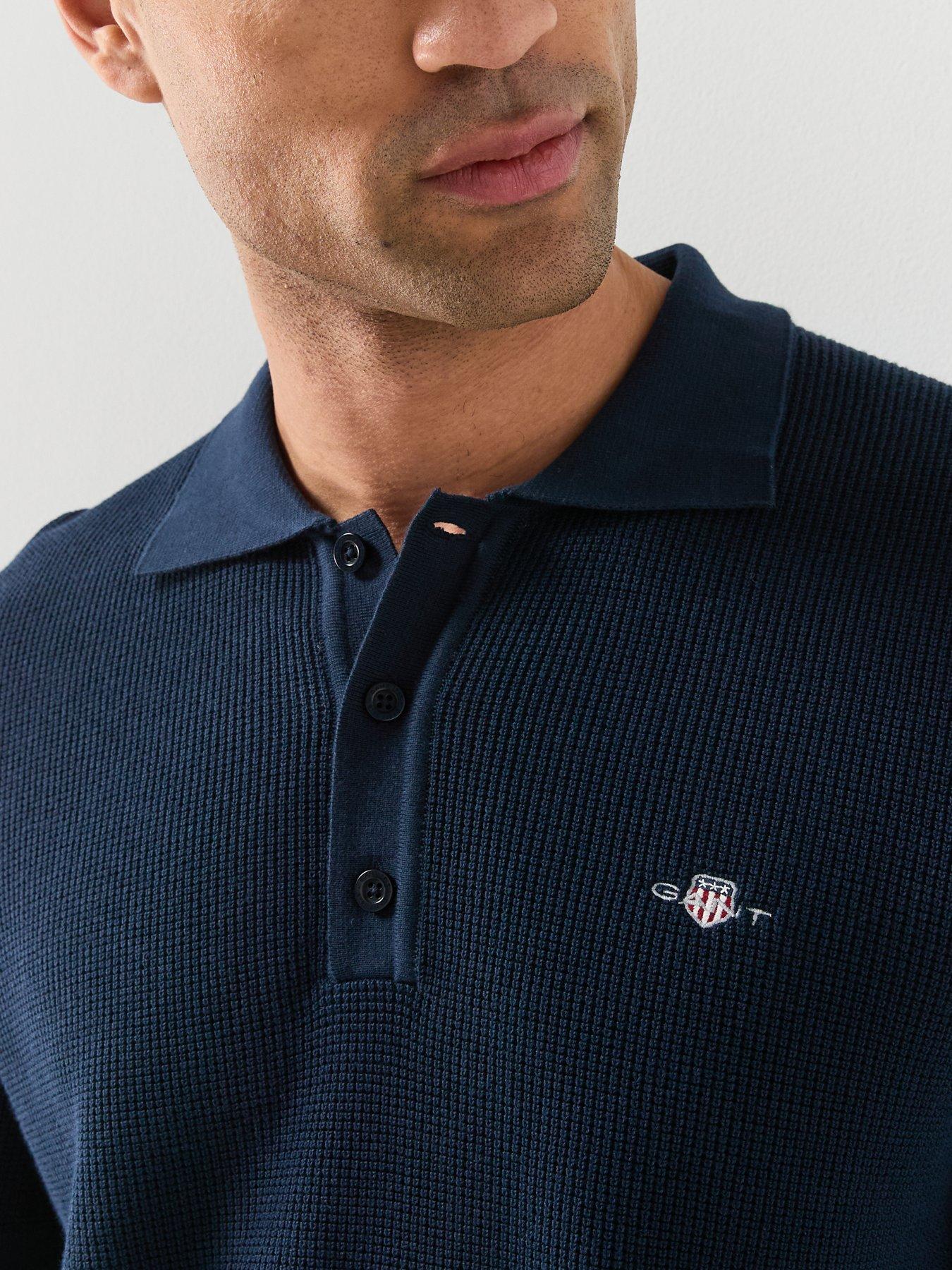 Image 5 of 5 of GANT Micro Textured Cotton Knitted Short Sleeve Polo Shirt - Navy