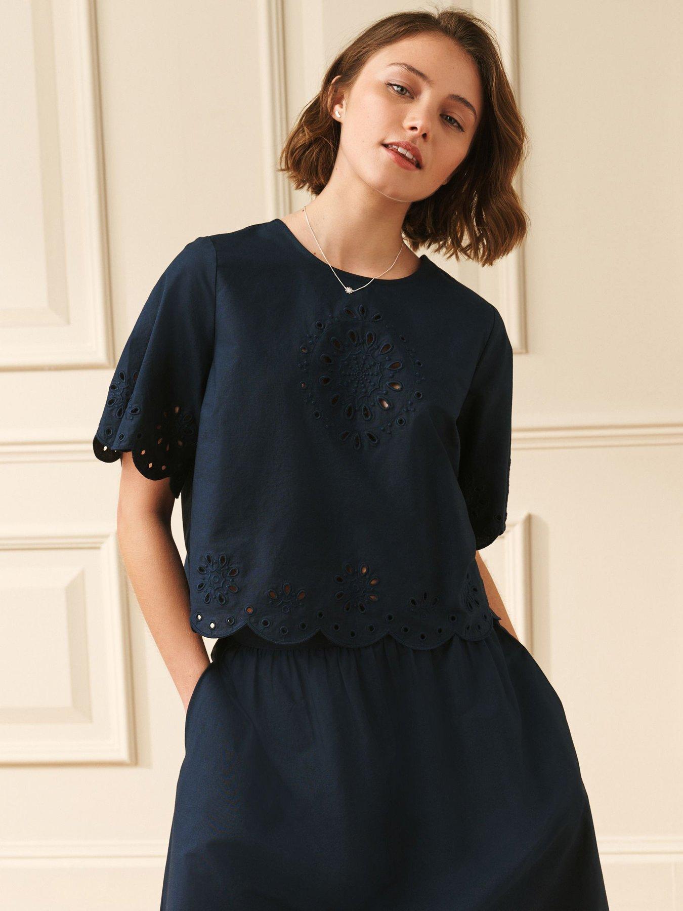 Image 1 of 6 of Laura Ashley Broderie Scallop Co Ord Top - Navy