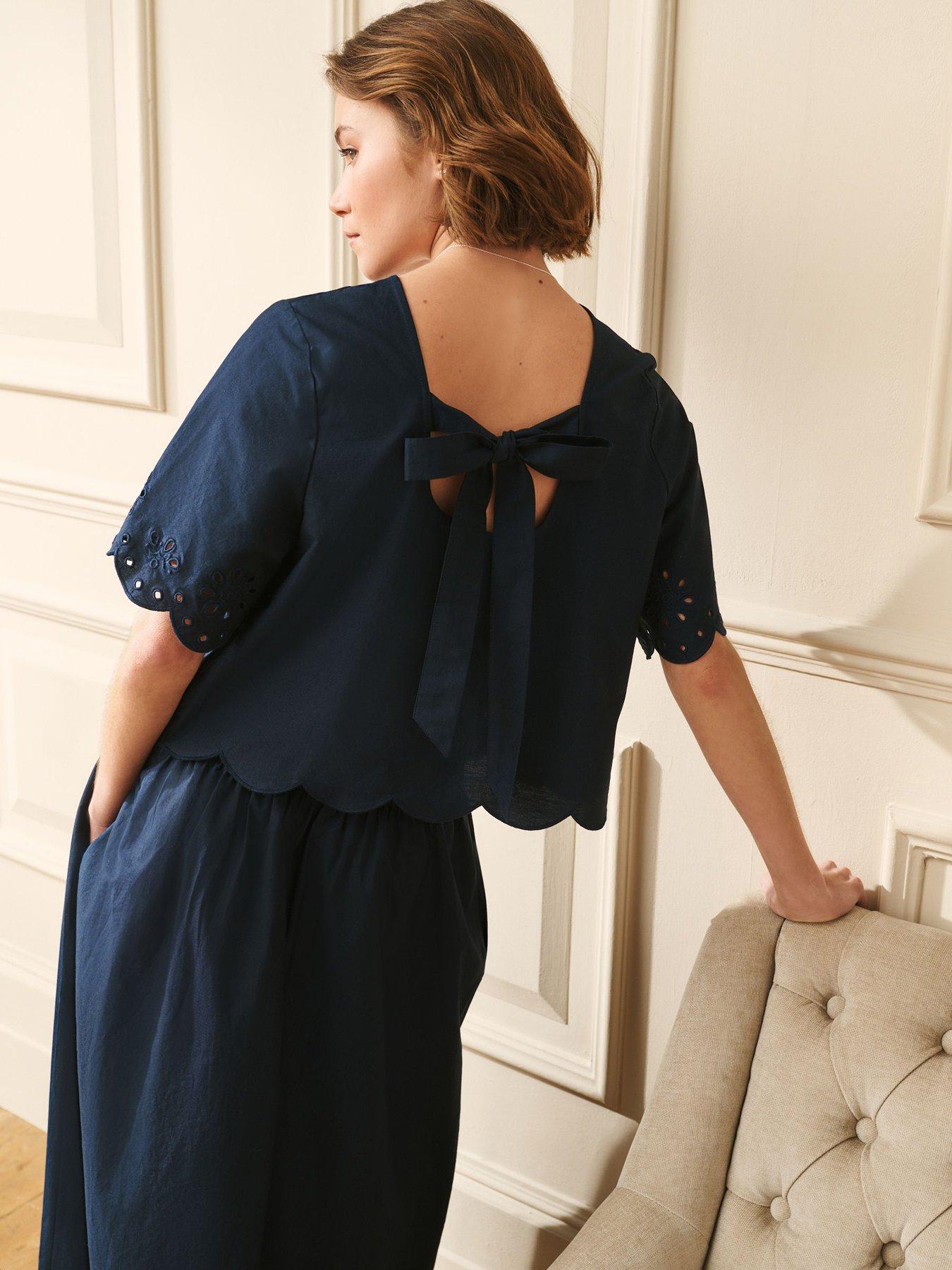 Image 2 of 6 of Laura Ashley Broderie Scallop Co Ord Top - Navy