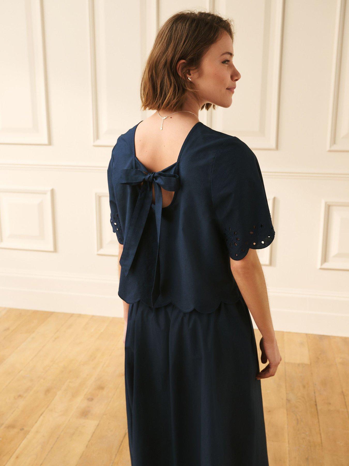 Image 4 of 6 of Laura Ashley Broderie Scallop Co Ord Top - Navy