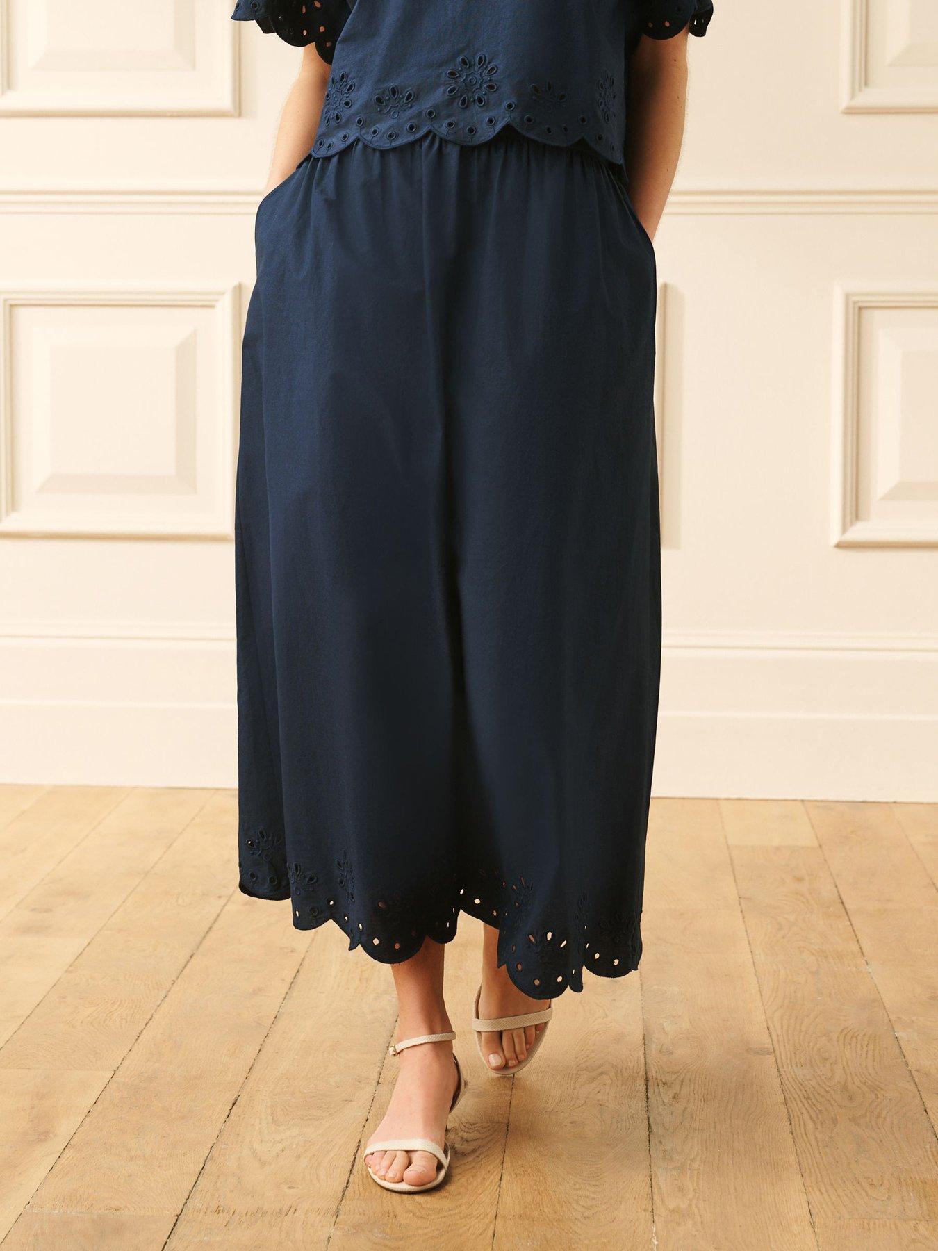 Image 1 of 7 of Laura Ashley Broderie Co-Ord Skirt - Navy