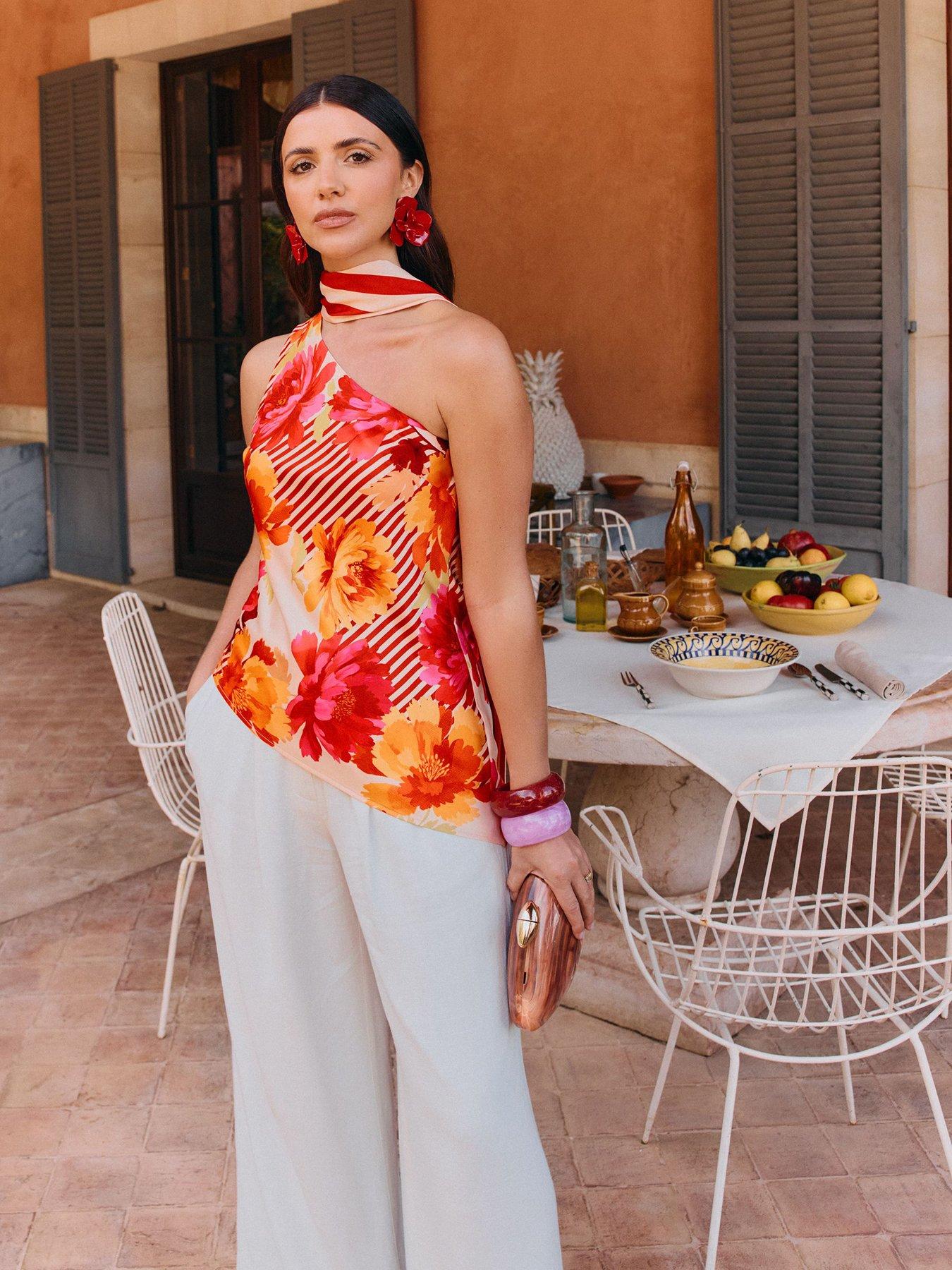 Friends Like These Stripe Floral Print Satin Scarf Blouse Top - Multi