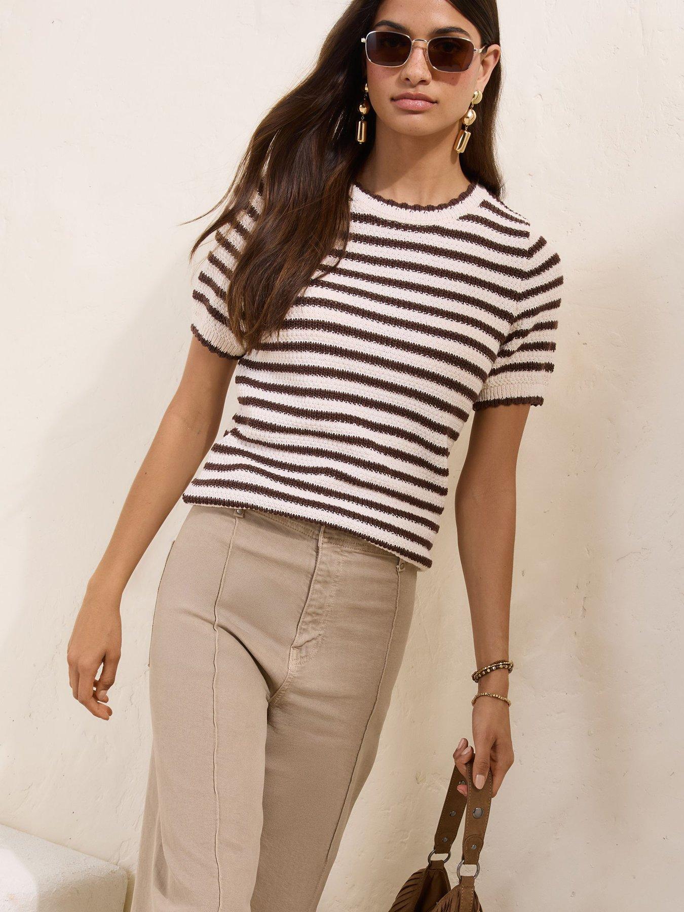 Image 1 of 6 of Friends Like These Ruffle Stripe Short Sleeve Top Brown - Multi
