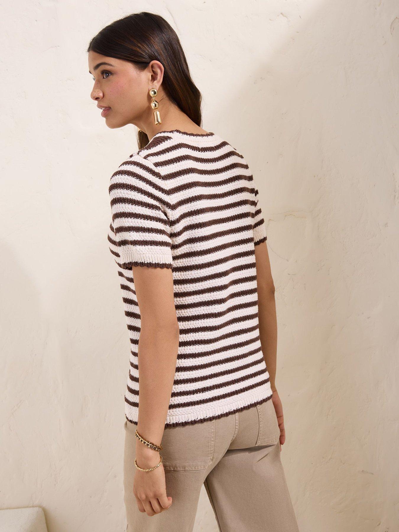 Image 2 of 6 of Friends Like These Ruffle Stripe Short Sleeve Top Brown - Multi