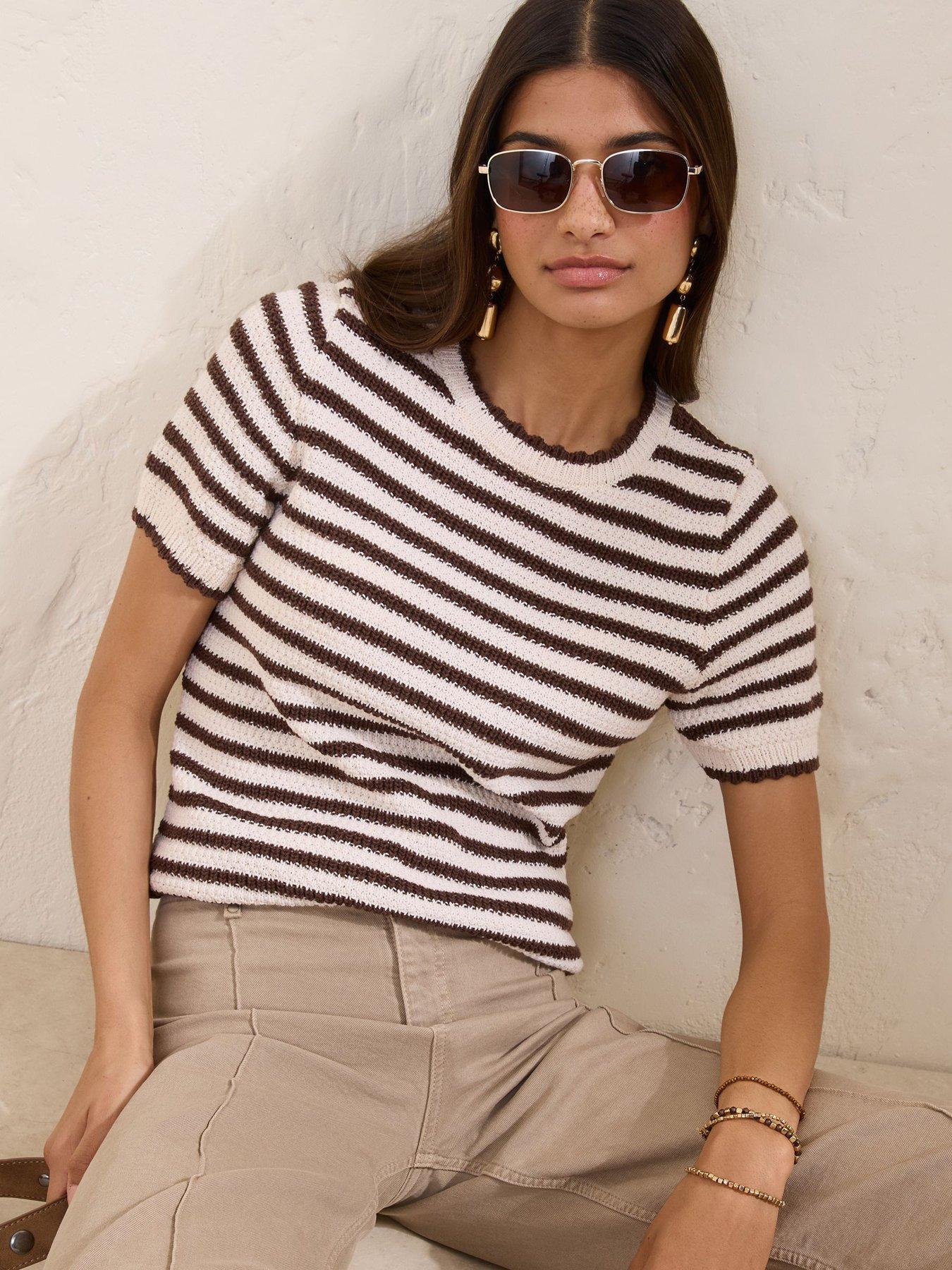 Image 5 of 6 of Friends Like These Ruffle Stripe Short Sleeve Top Brown - Multi