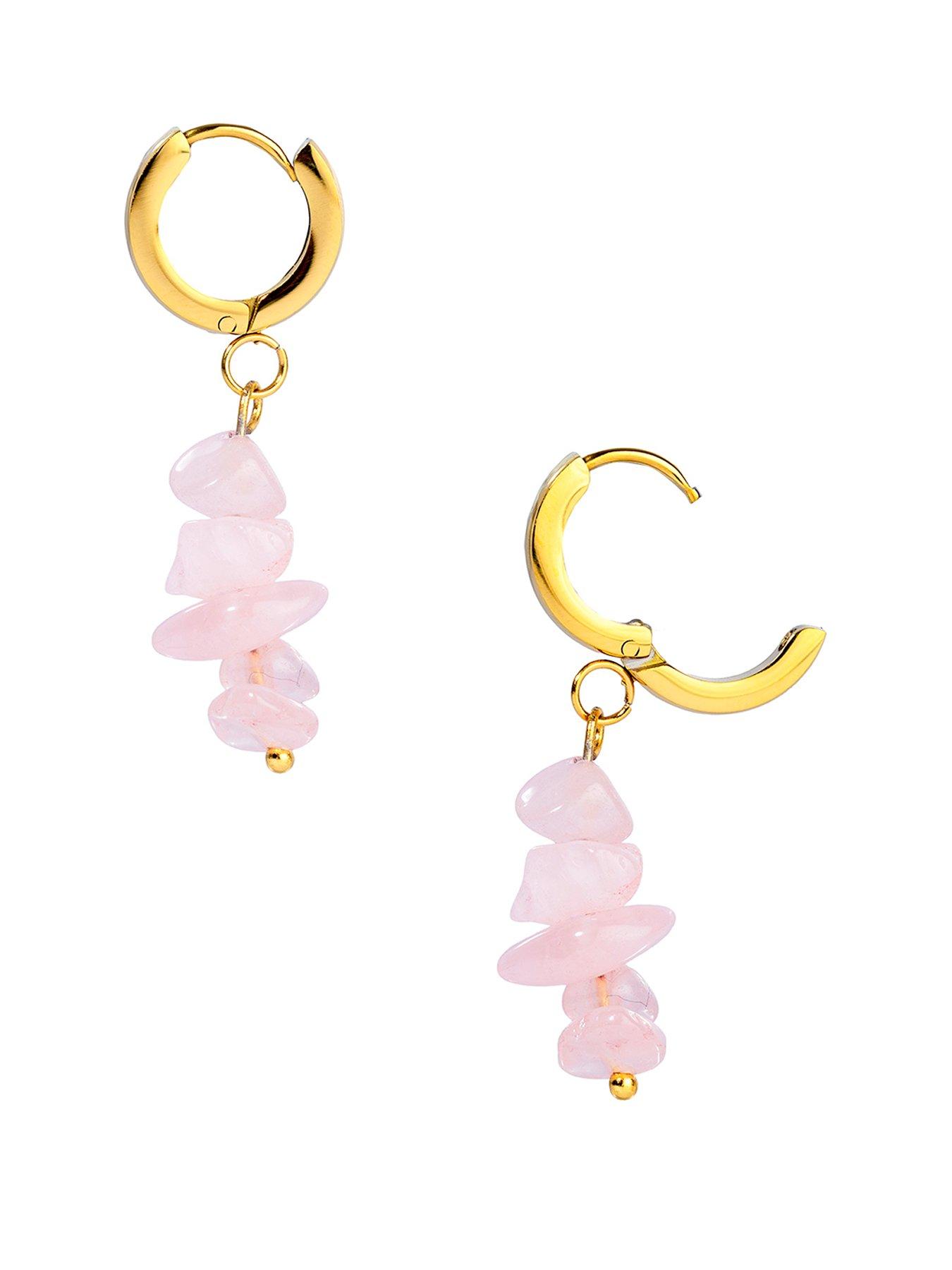 The Love Collection 18ct Gold PVD Plated Waterproof Stainless Steel Pink Gemstone Huggie Drop Earrings