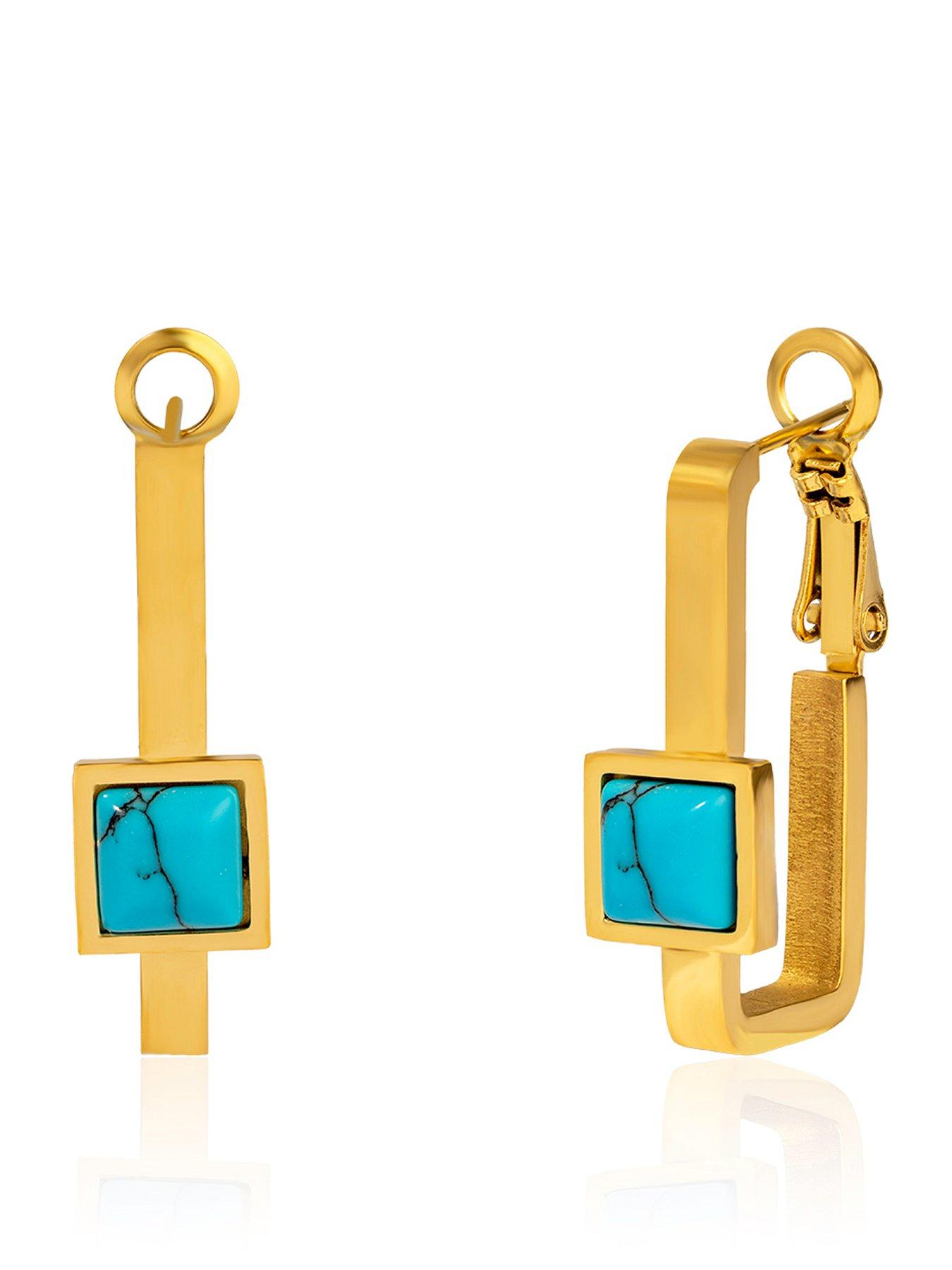 Image 1 of 6 of The Love Collection Gold Plated Stainless Steel Turquoise Rectangle Hoop Earrings