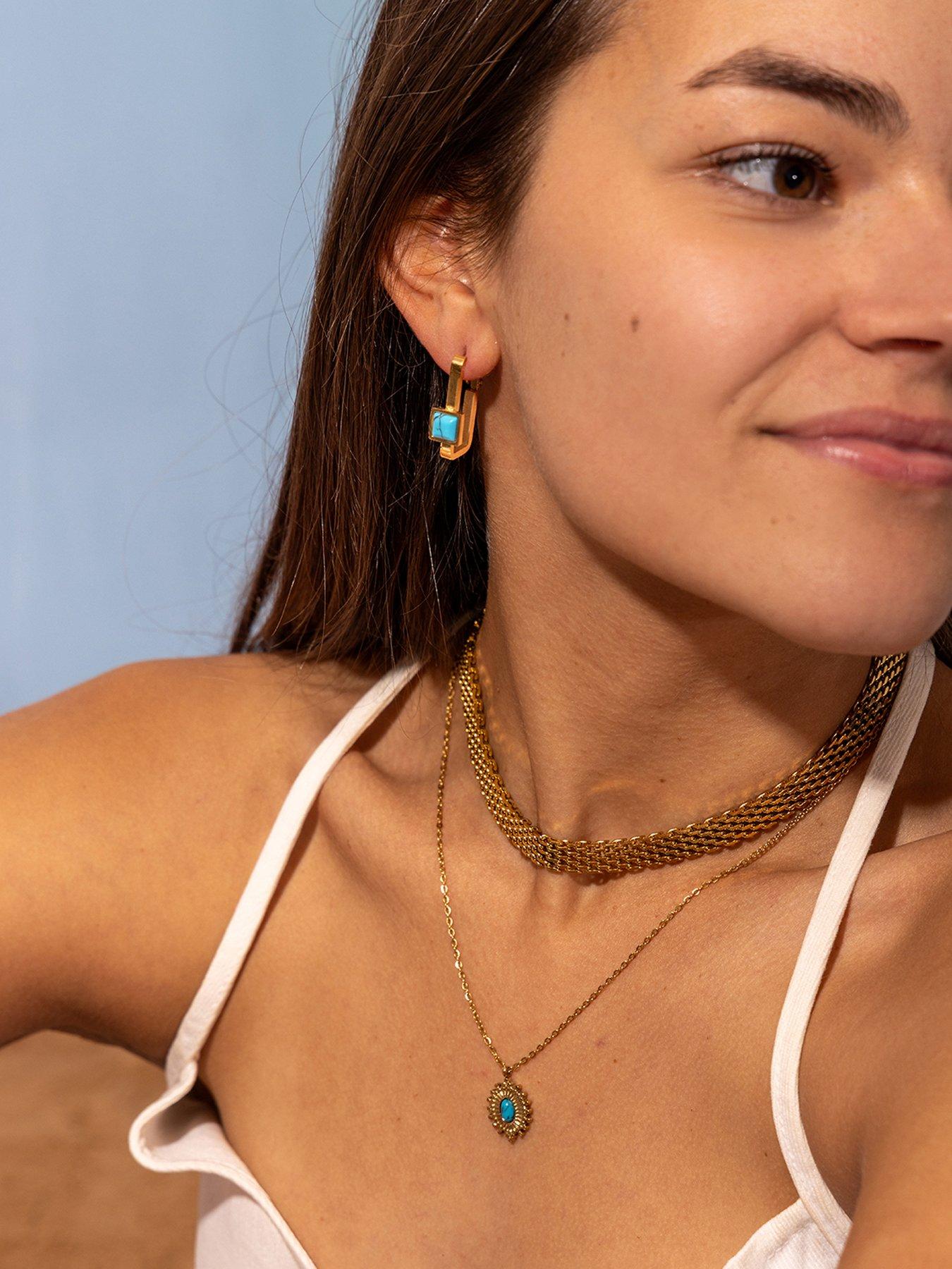 Image 2 of 6 of The Love Collection Gold Plated Stainless Steel Turquoise Rectangle Hoop Earrings