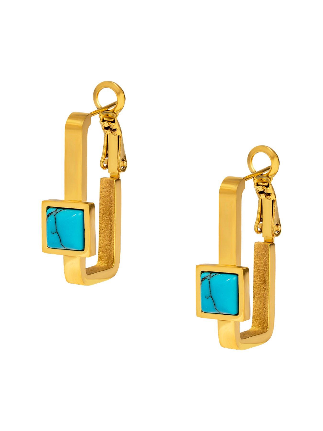 Image 3 of 6 of The Love Collection Gold Plated Stainless Steel Turquoise Rectangle Hoop Earrings
