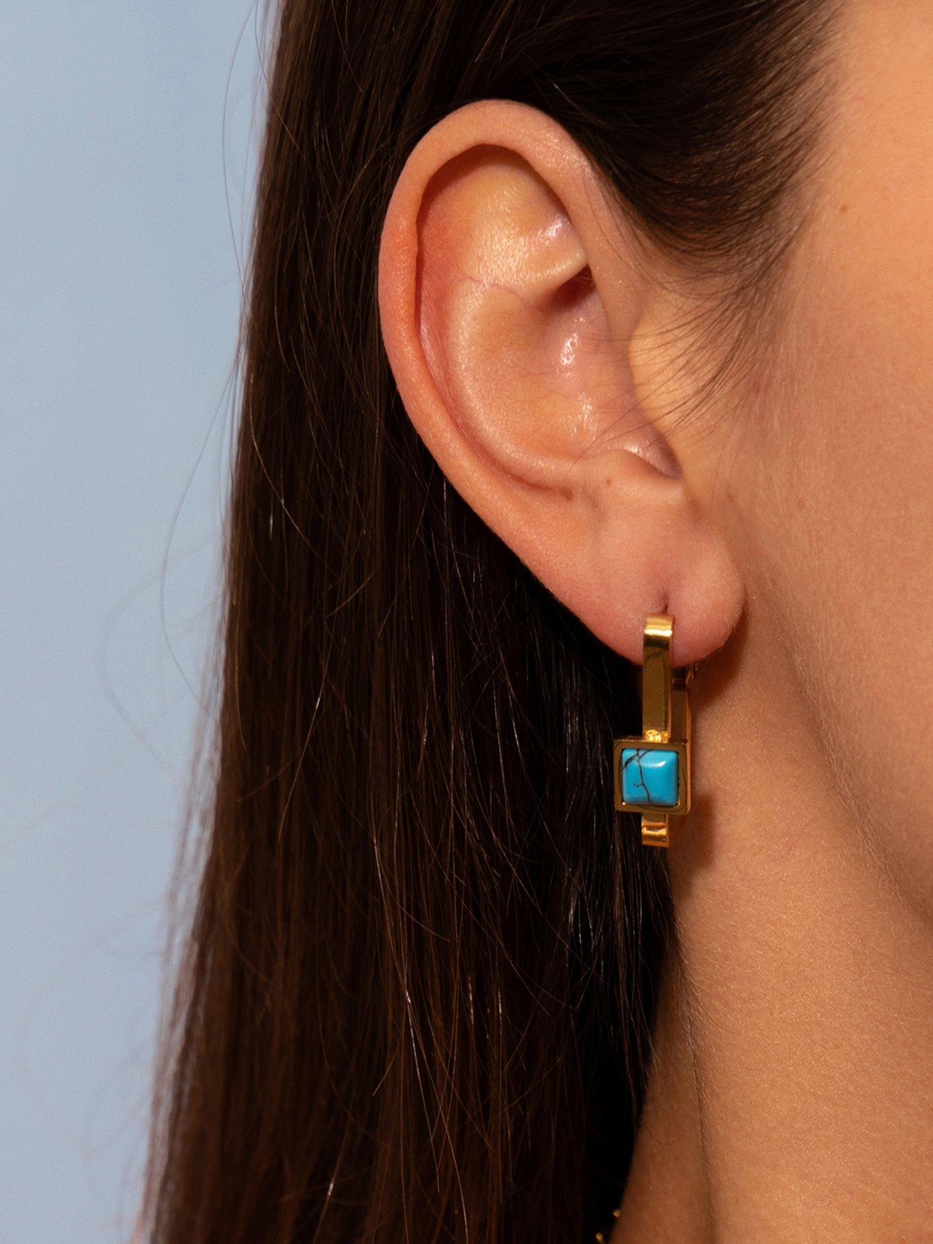 Image 4 of 6 of The Love Collection Gold Plated Stainless Steel Turquoise Rectangle Hoop Earrings