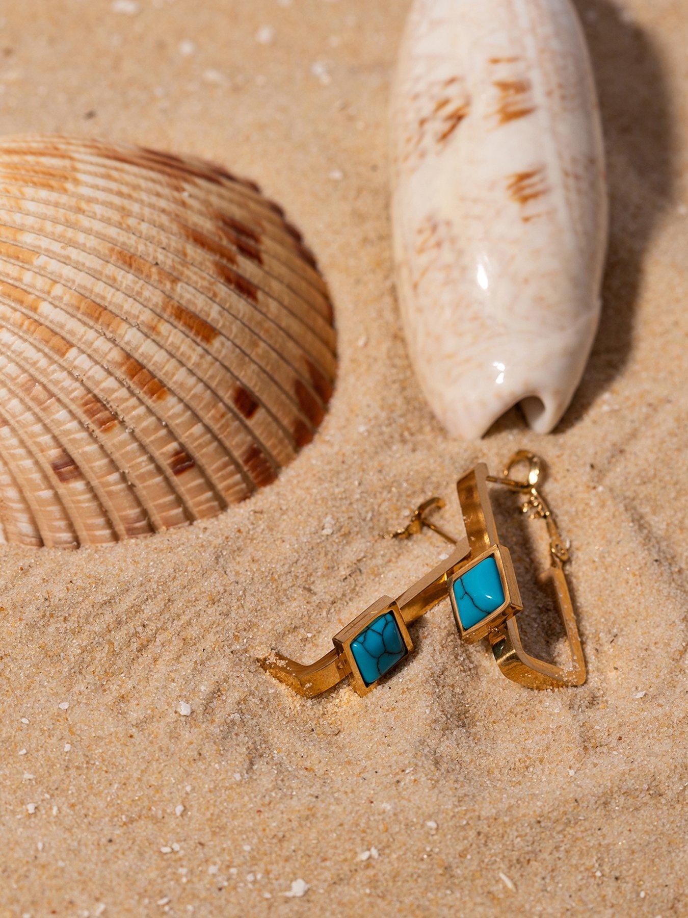 Image 5 of 6 of The Love Collection Gold Plated Stainless Steel Turquoise Rectangle Hoop Earrings