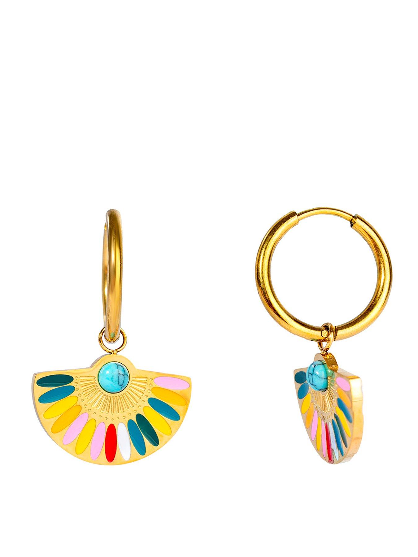 Image 1 of 6 of The Love Collection Gold Plated Stainless Steel Aztec Fan Charm Hoop