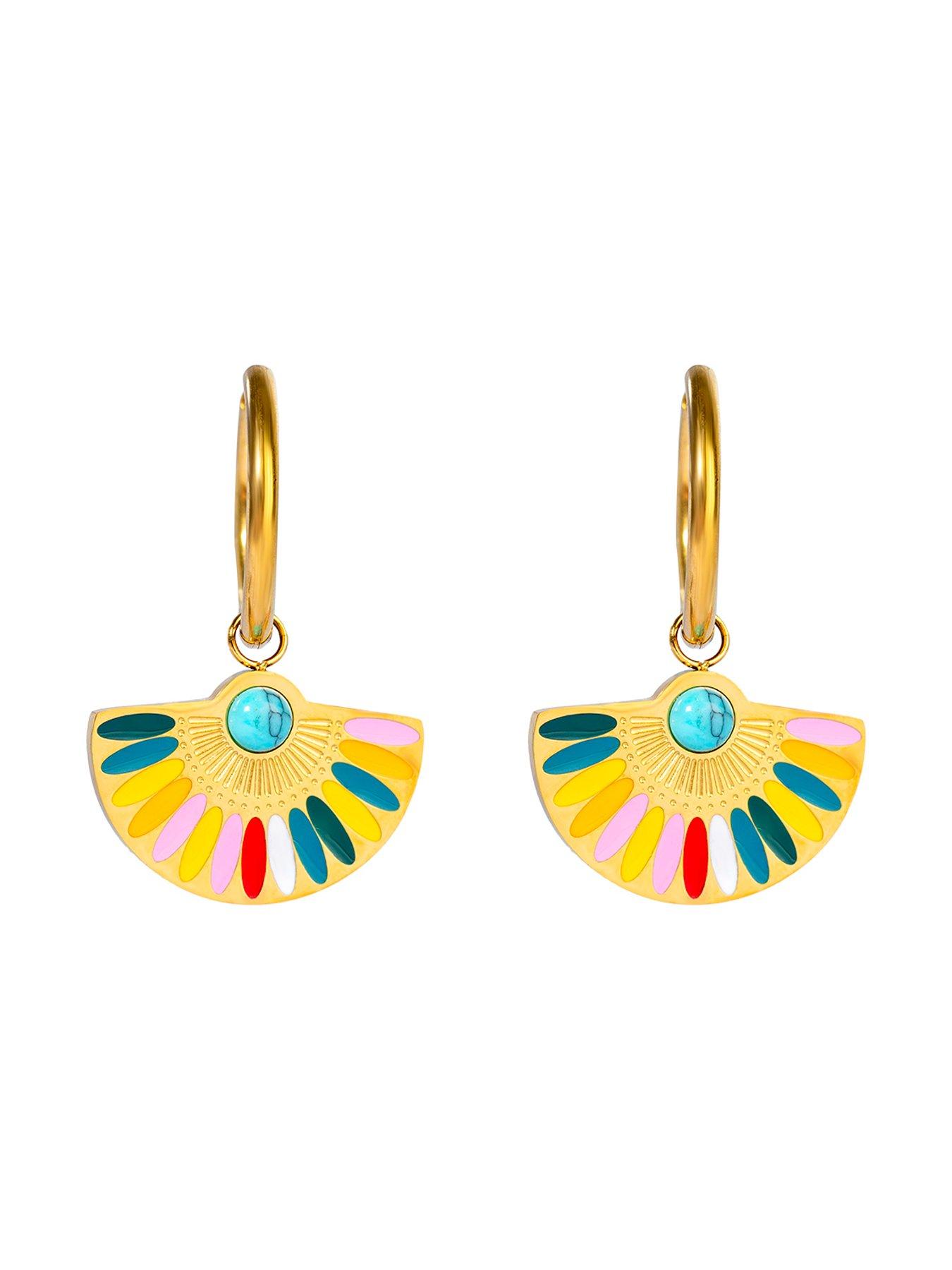 Image 3 of 6 of The Love Collection Gold Plated Stainless Steel Aztec Fan Charm Hoop