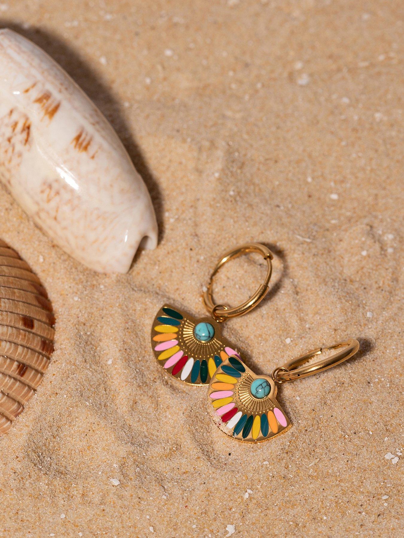 Image 4 of 6 of The Love Collection Gold Plated Stainless Steel Aztec Fan Charm Hoop