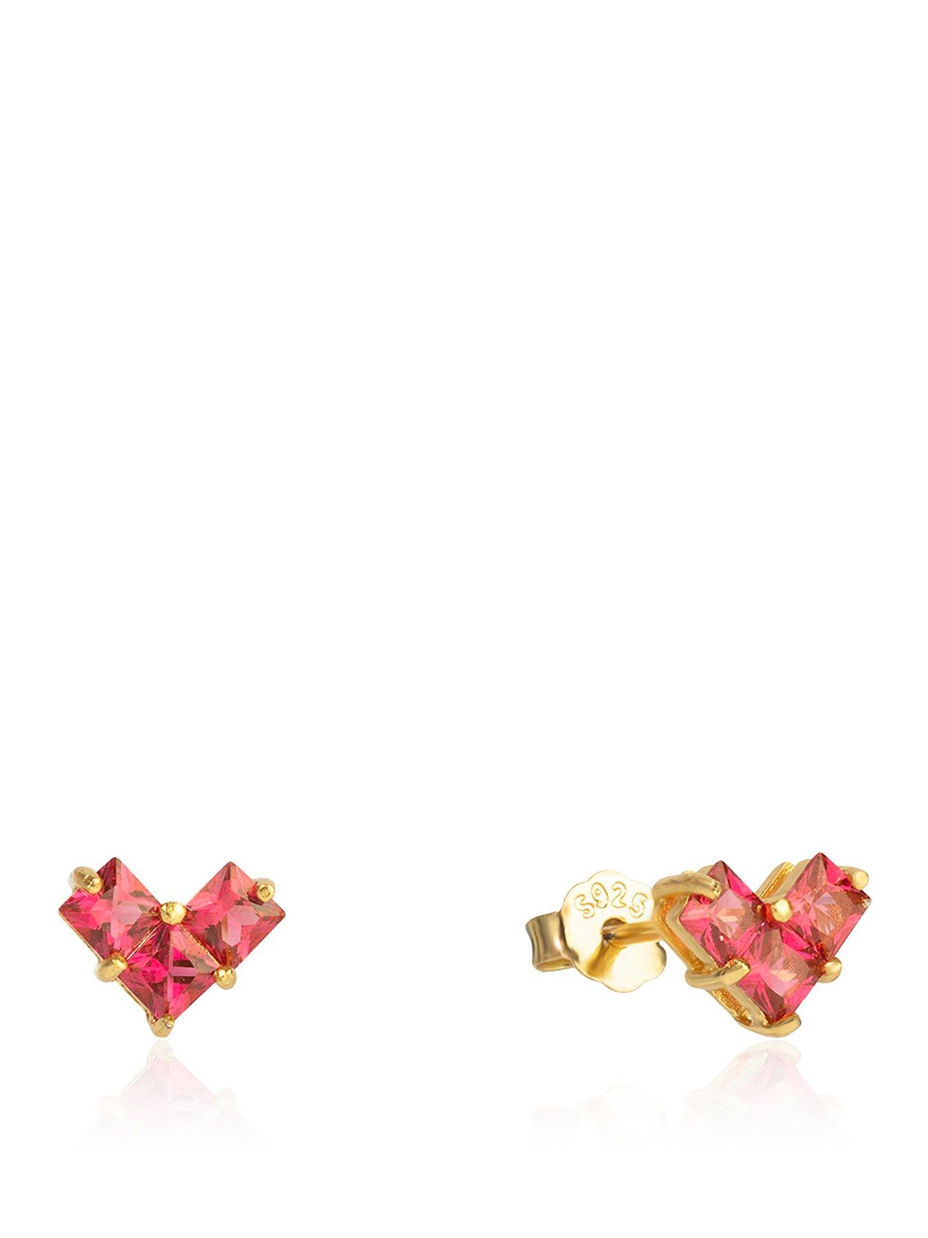 The Love Collection Gold Plated Sterling Silver Ruby CZ Emerald Cut Heart Studs