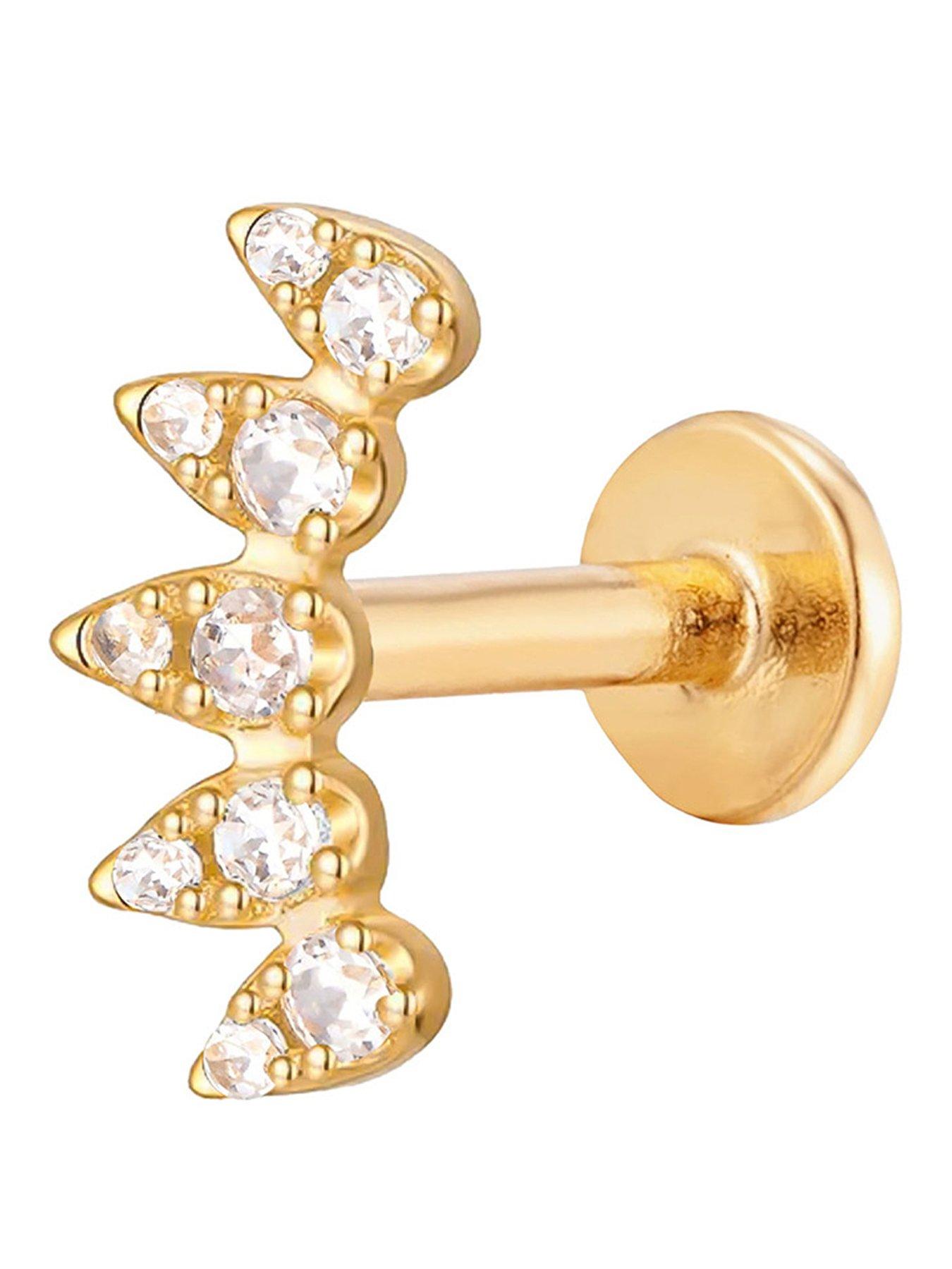 The Love Collection Gold Plated Sterling Silver CZ Marquise Crown Labret Flat Back Earring