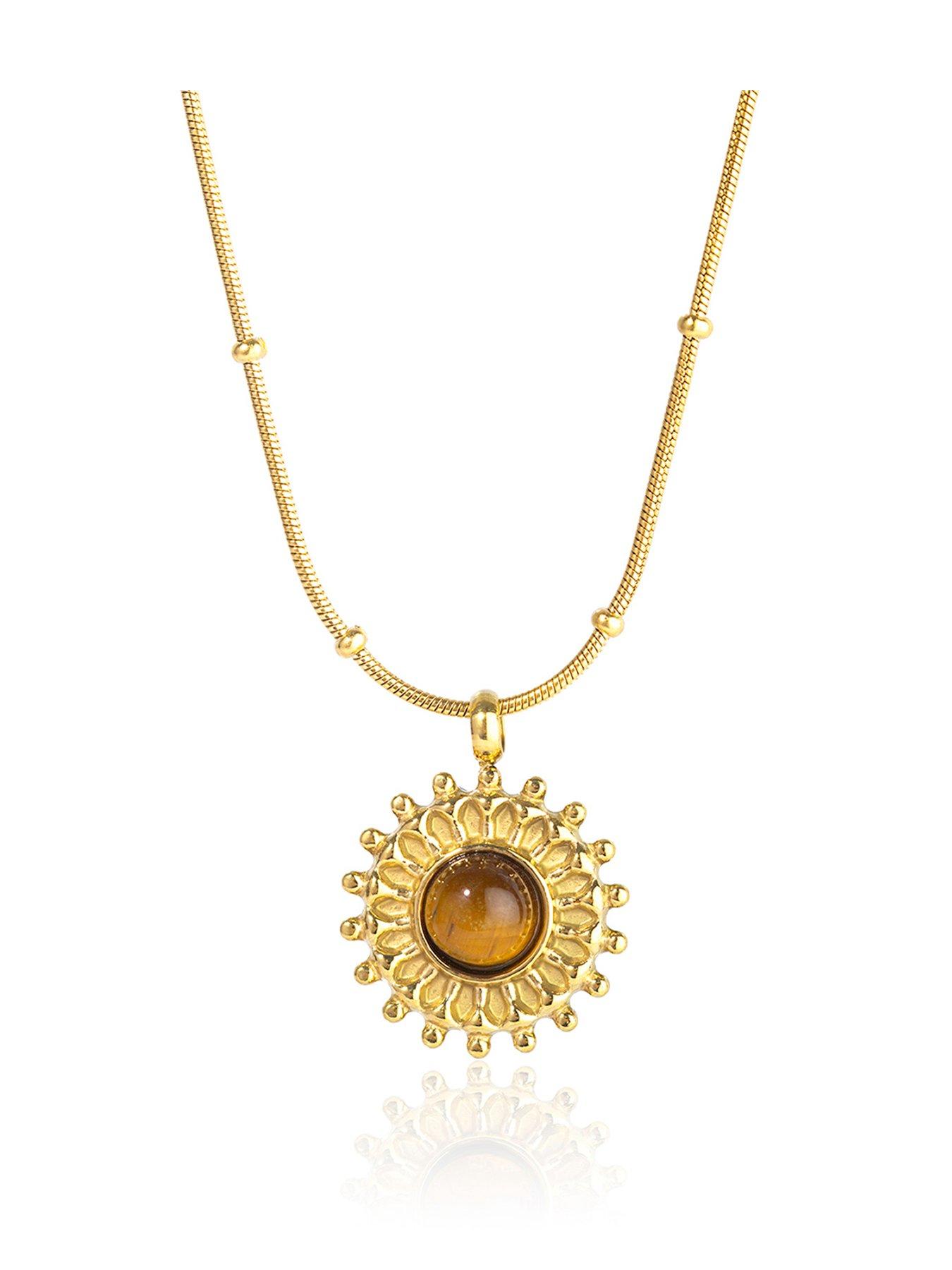 The Love Collection Gold Plated Stainless Steel Brown Sun Pendant Necklace