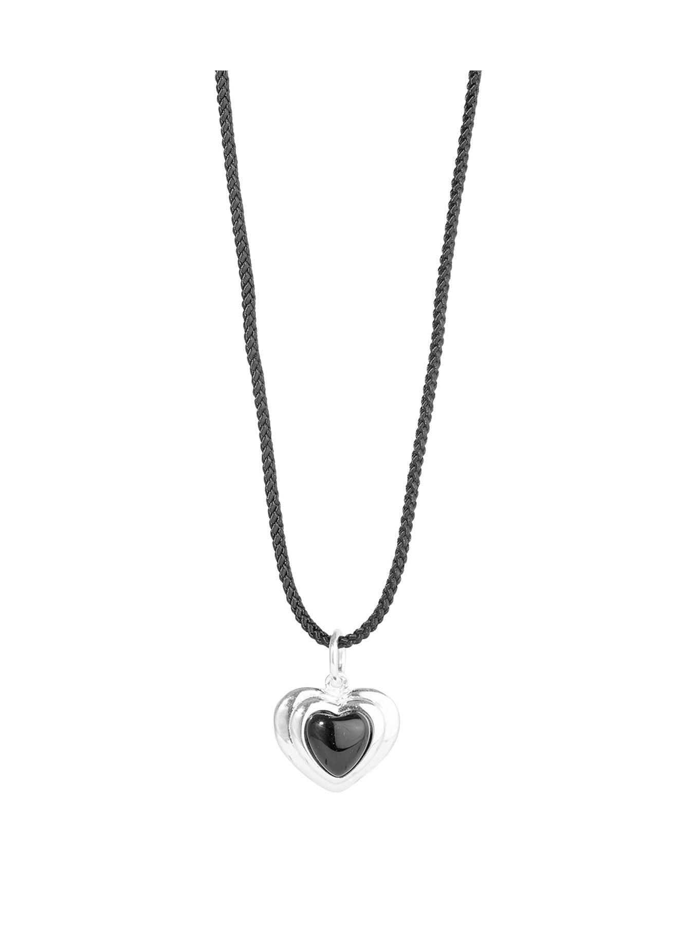 The Love Collection Sterling Silver Bubble Heart Onyx & Cord Necklace