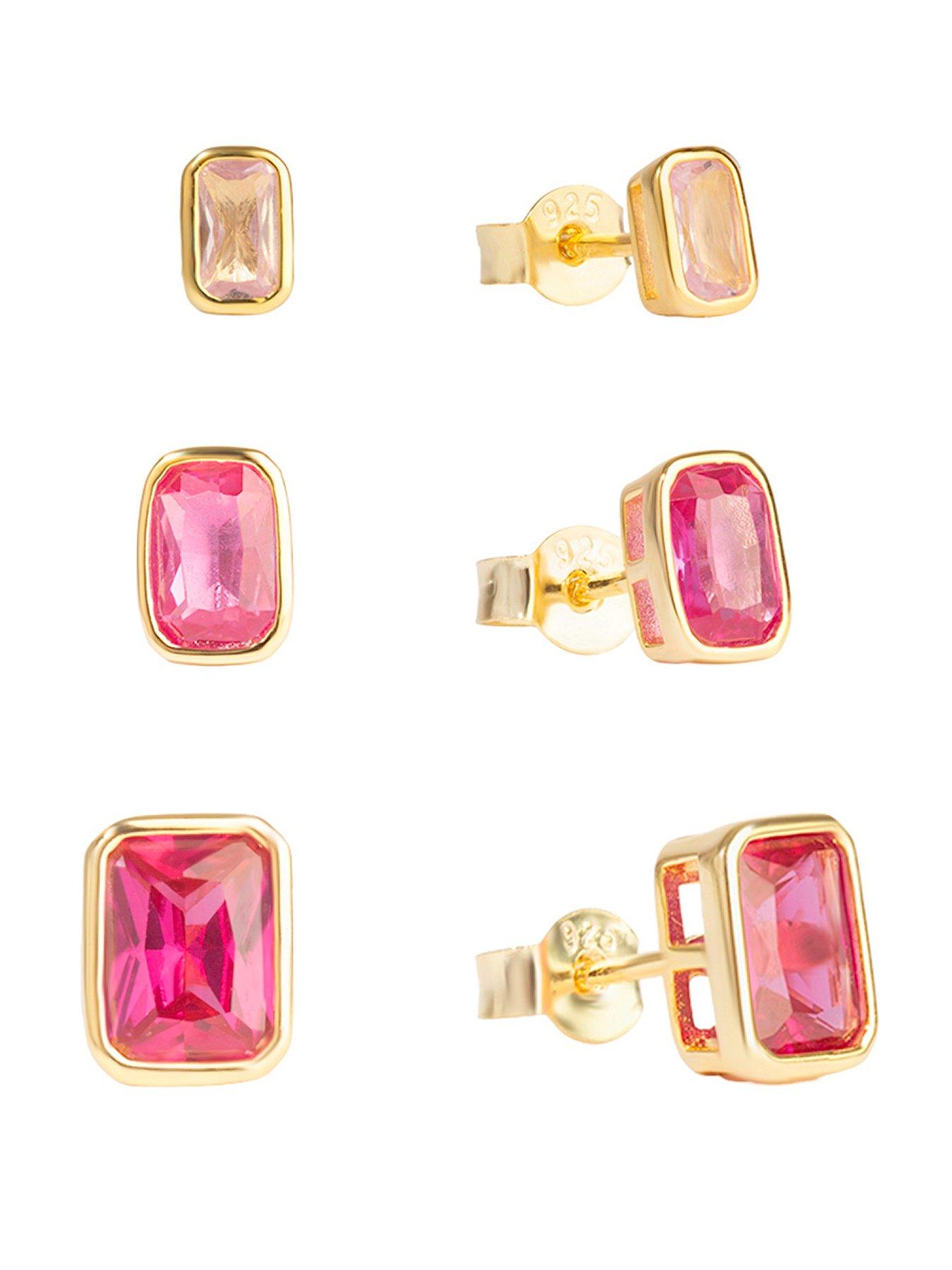 The Love Collection Gold Plated Sterling Silver Emerald Cut Ombre Ruby CZ Rub Over Stud Set