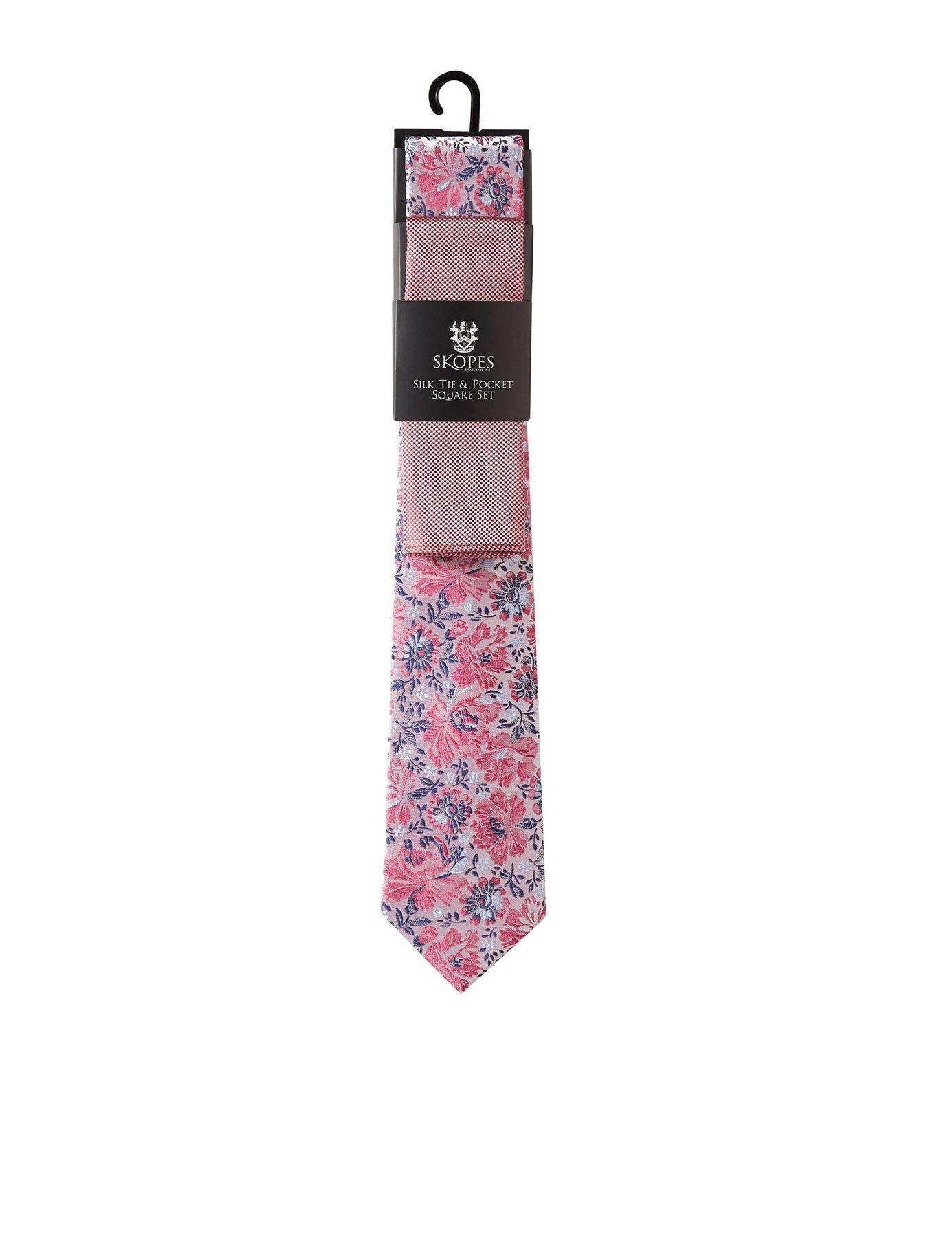Skopes Skopes Pink Floral Silk Tie  &  Pocket Square Set