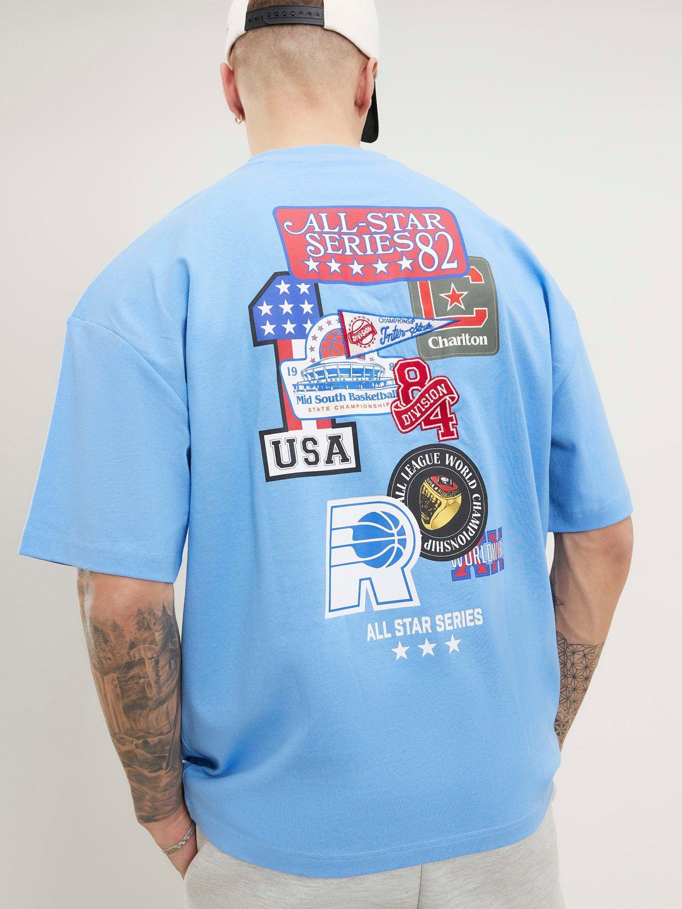 Image 1 of 6 of River Island Multi Badging Usa Graphic T-Shirt - Blue
