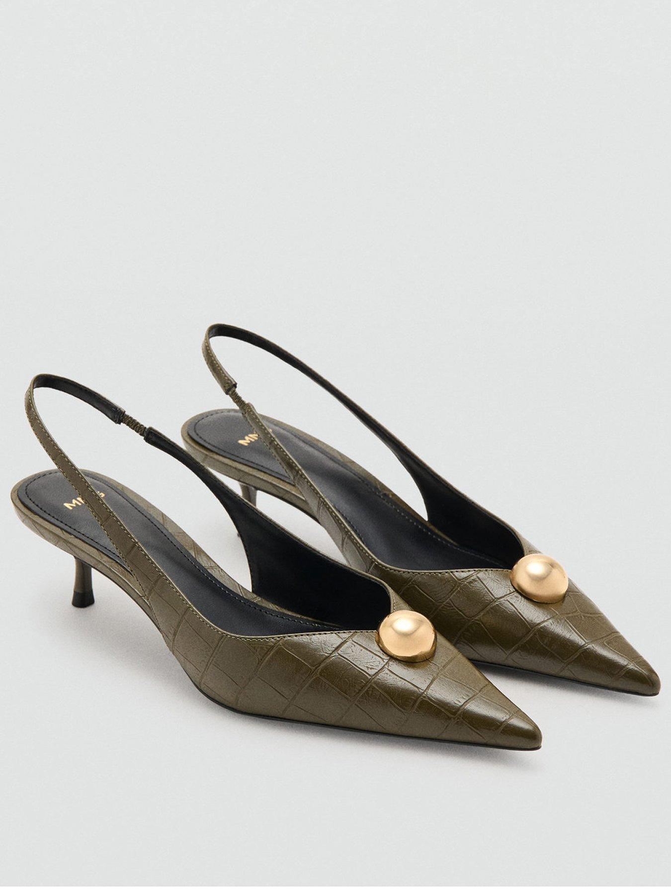 Image 1 of 4 of Mango Croc-Effect Leather Shoes - Khaki